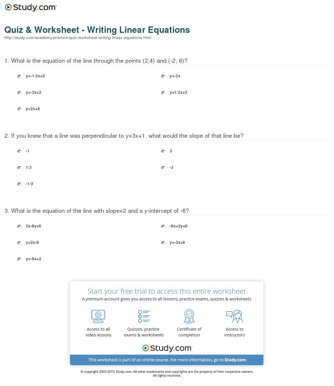Quiz  Worksheet  Writing Linear Equations  Study Along With Writing Linear Equations Worksheet