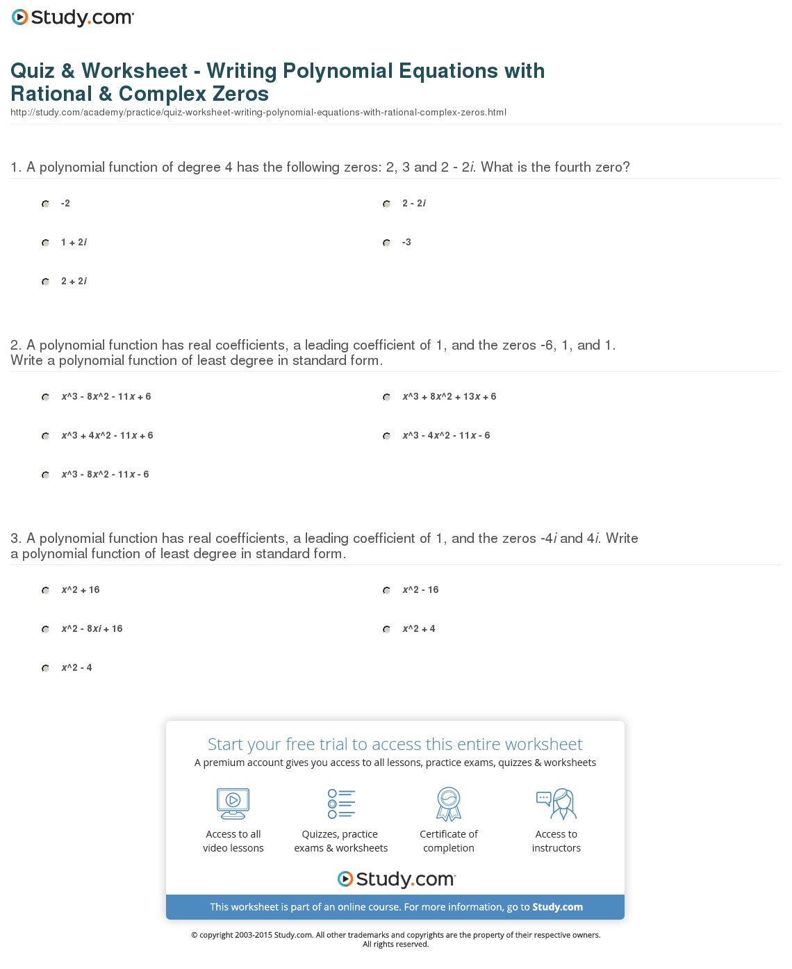 Quiz  Worksheet  Writing Polynomial Equations With Rational In Pre Calc Worksheet Real Zeros Of Polynomials