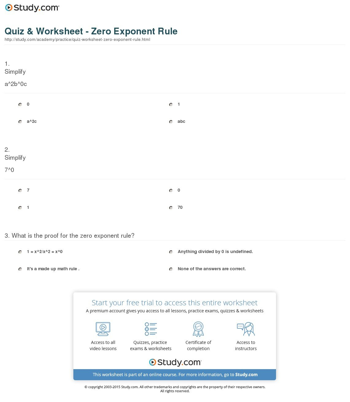 Quiz  Worksheet  Zero Exponent Rule  Study With Exponent Rules Worksheet With Answers