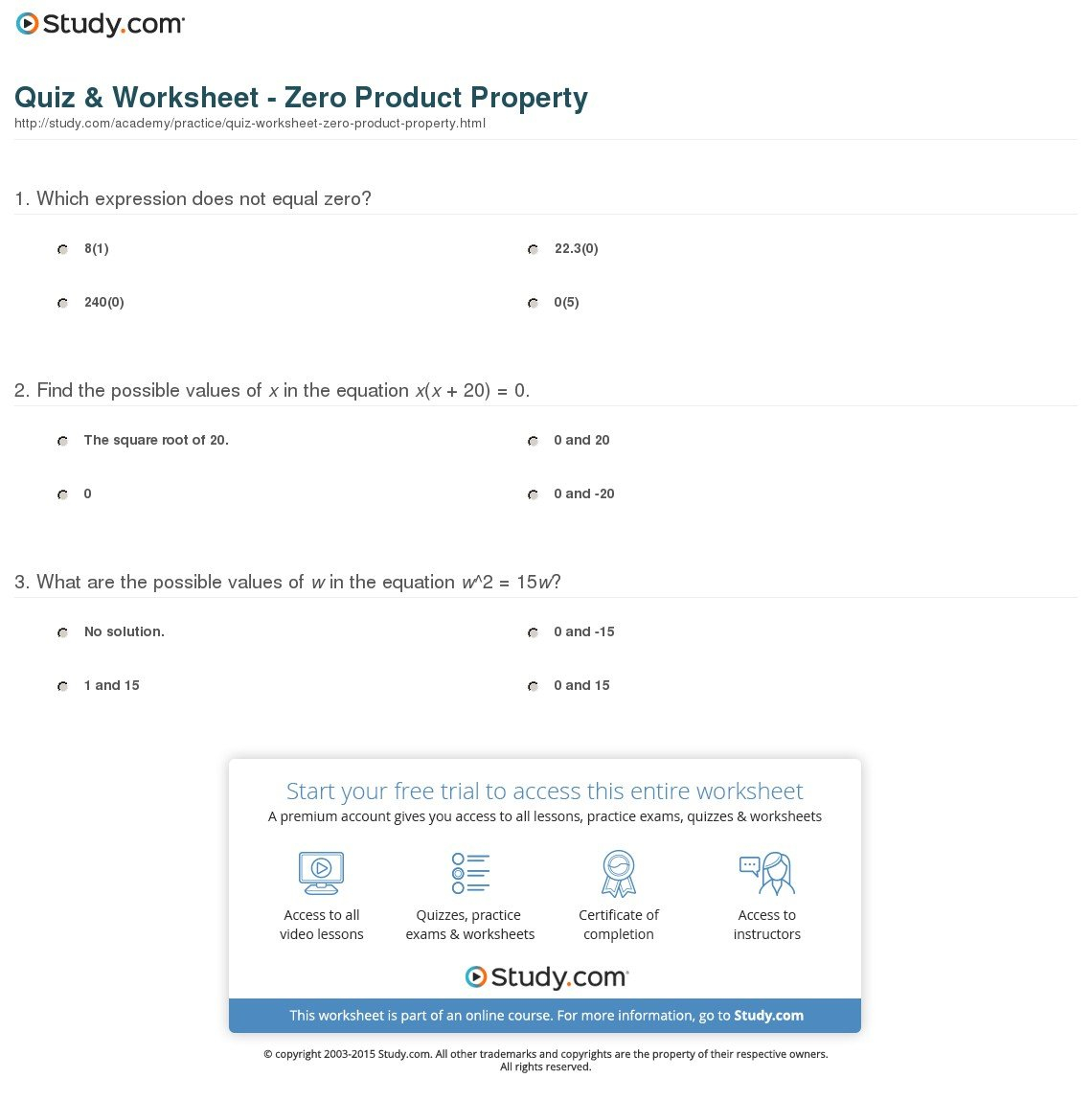 Quiz  Worksheet  Zero Product Property  Study For Zero Product Property Worksheet
