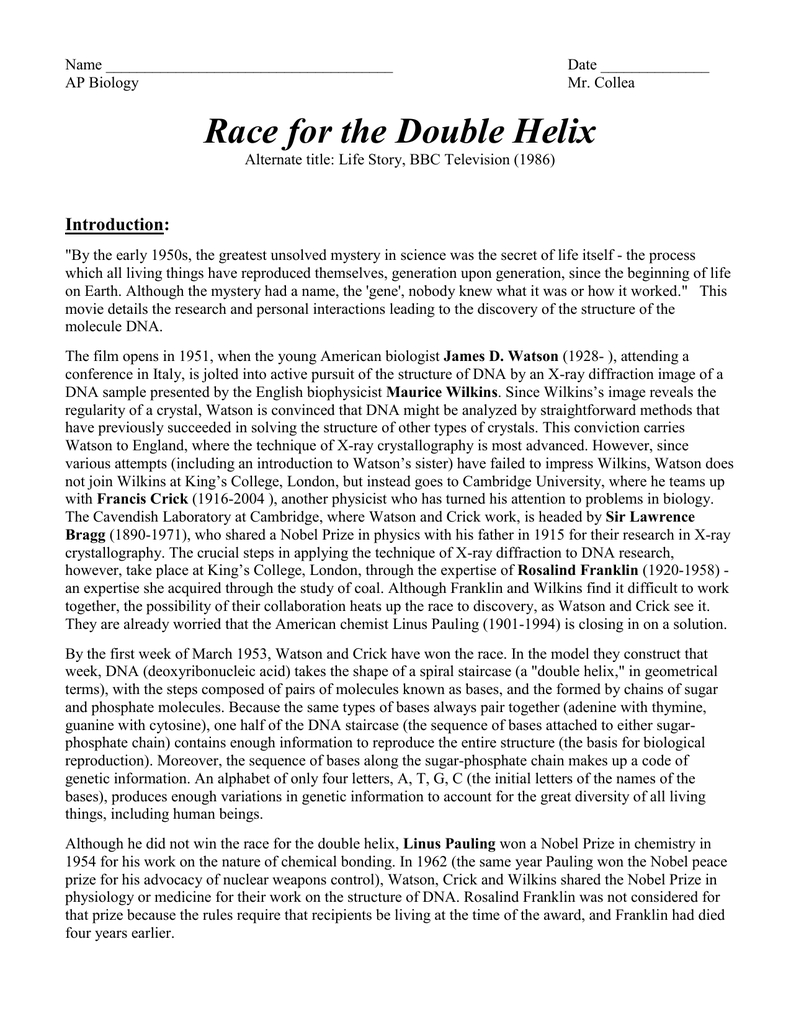 Race For The Double Helix Discussion Questions With Race For The Double Helix Worksheet Answers