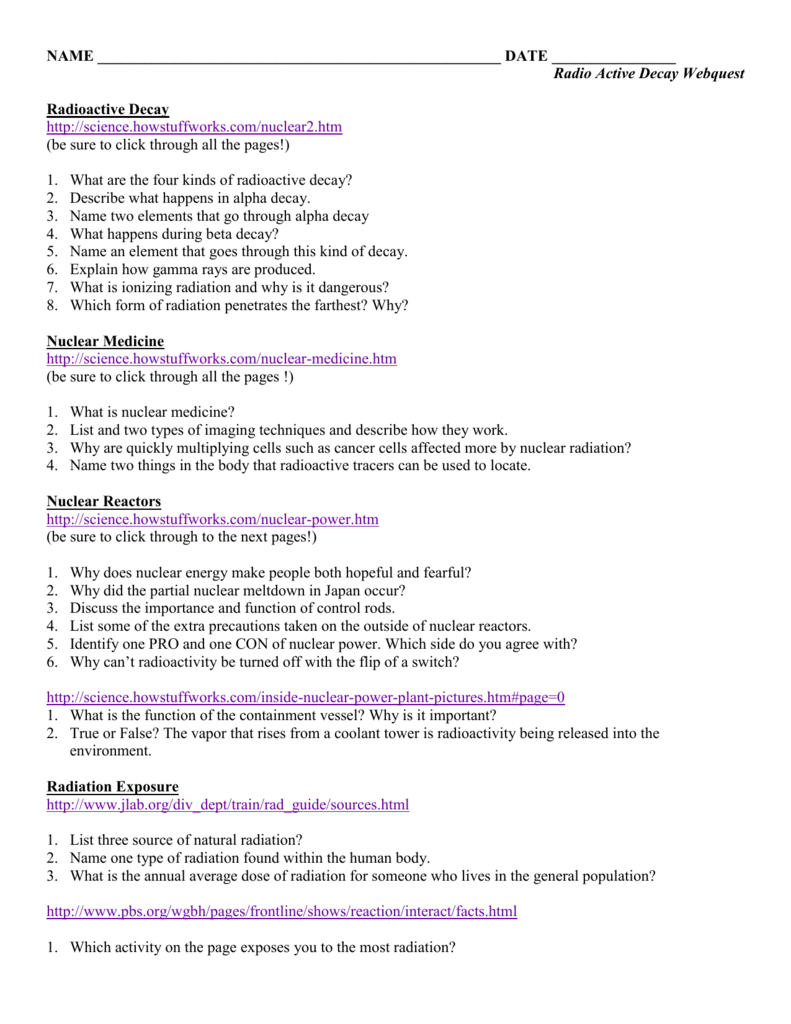 Radio Active Decay Webquest Within Radioactive Decay Webquest Worksheet Answers