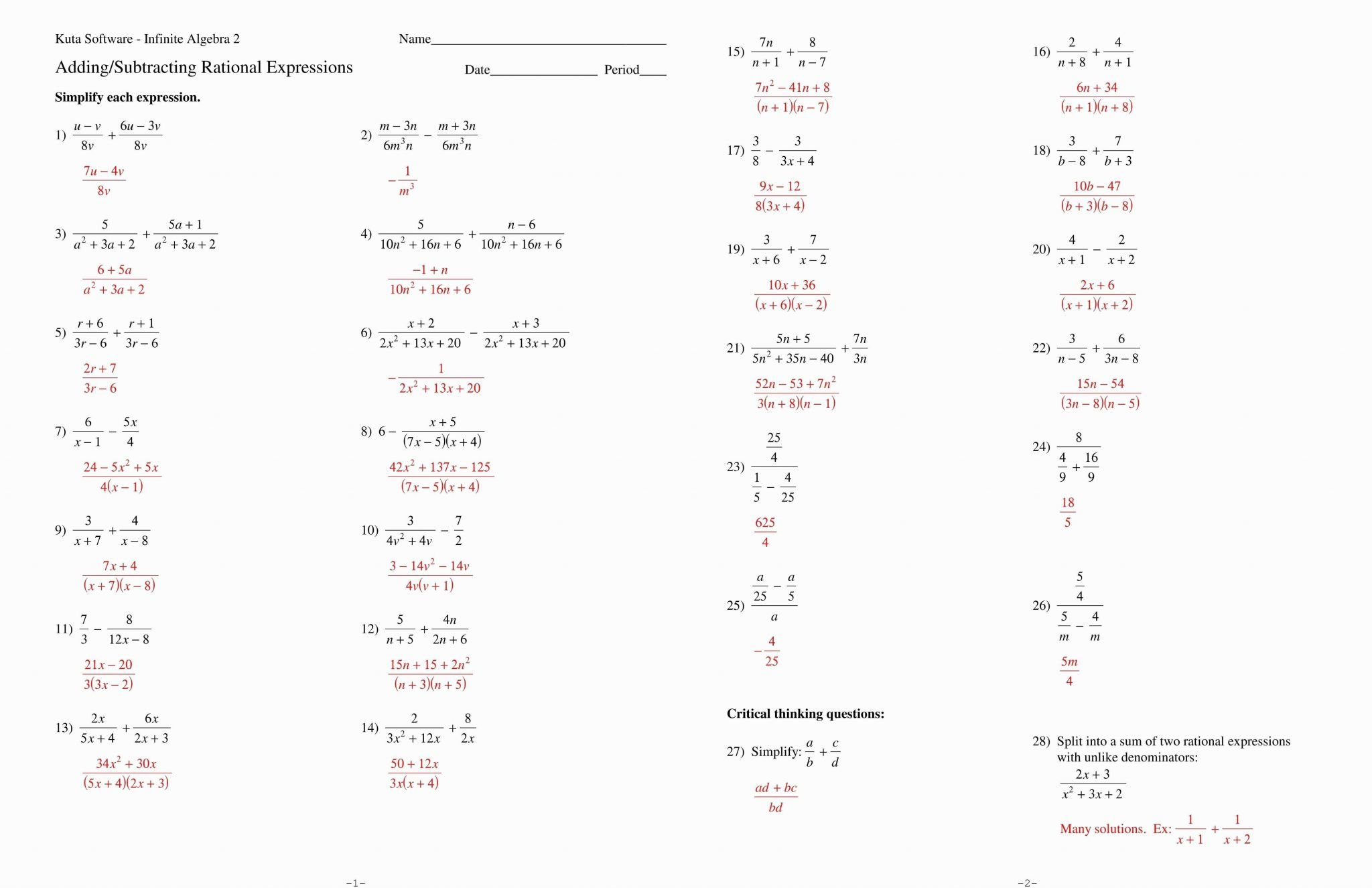 Rational Expressions Worksheet Algebra 2  Briefencounters Inside Rational Expression Worksheet Answers