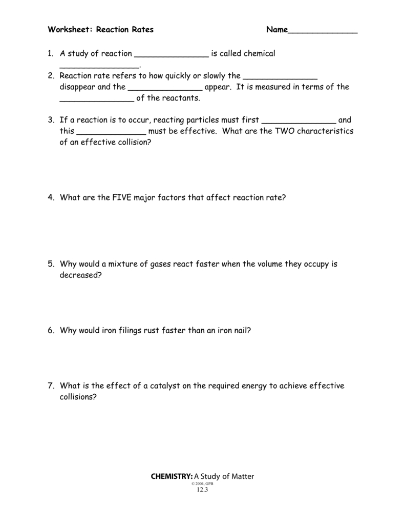 Reaction Rates Worksheet And Enzyme Reaction Rates Worksheet