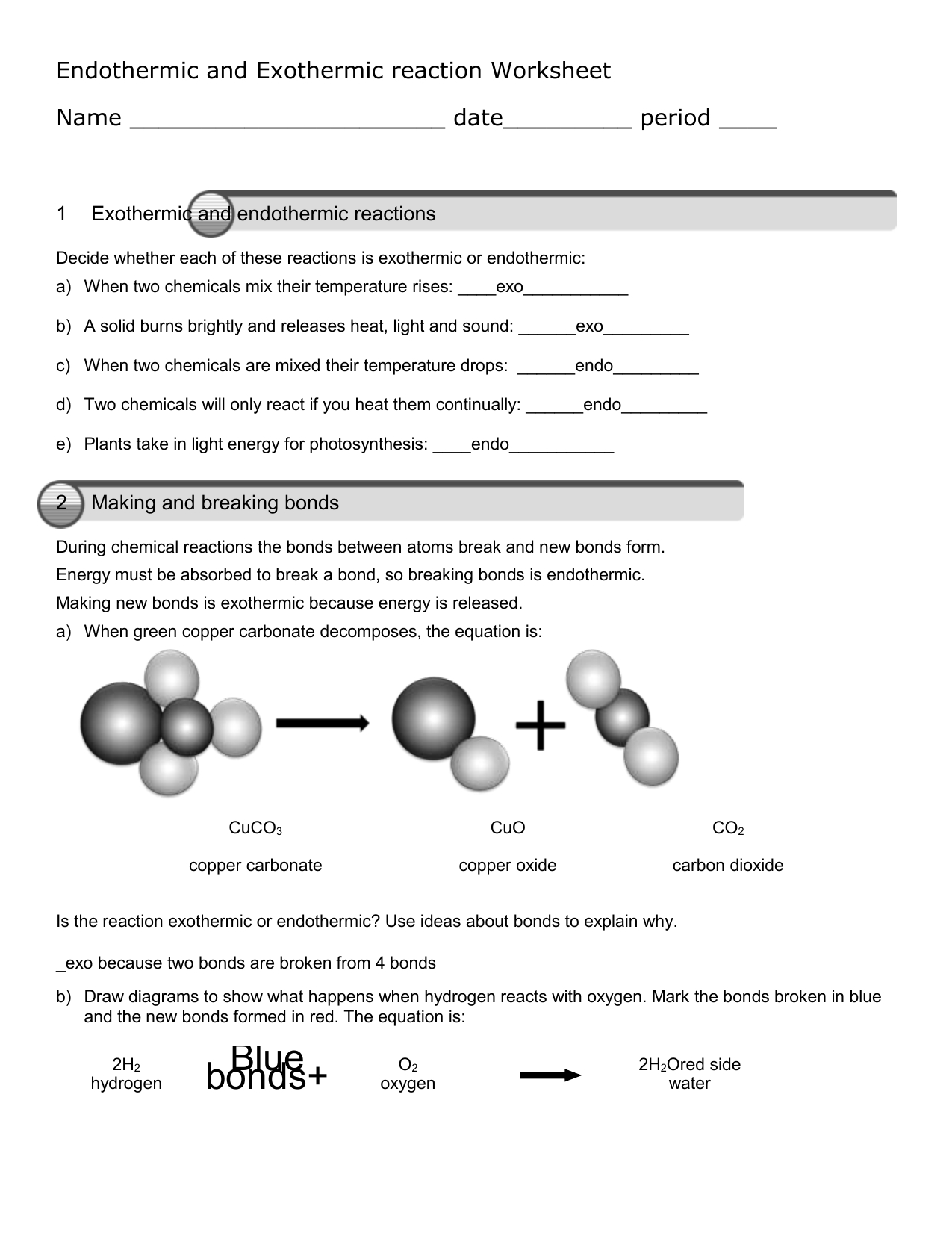 Reactions In Endothermic And Exothermic Reaction Worksheet Answers
