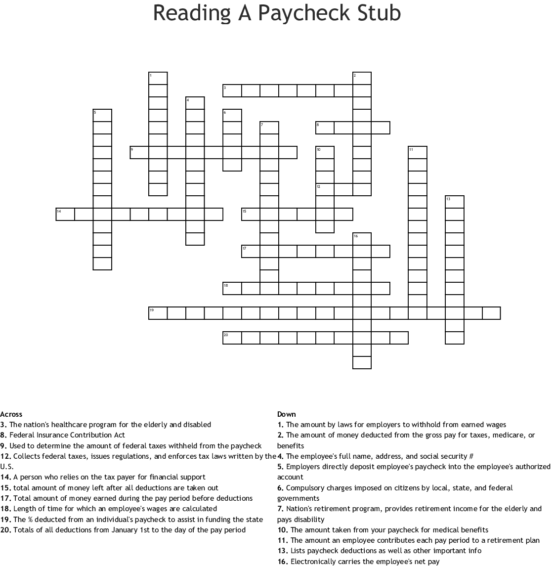 Reading A Paycheck Stub Crossword  Wordmint For Reading A Pay Stub Worksheet Answers