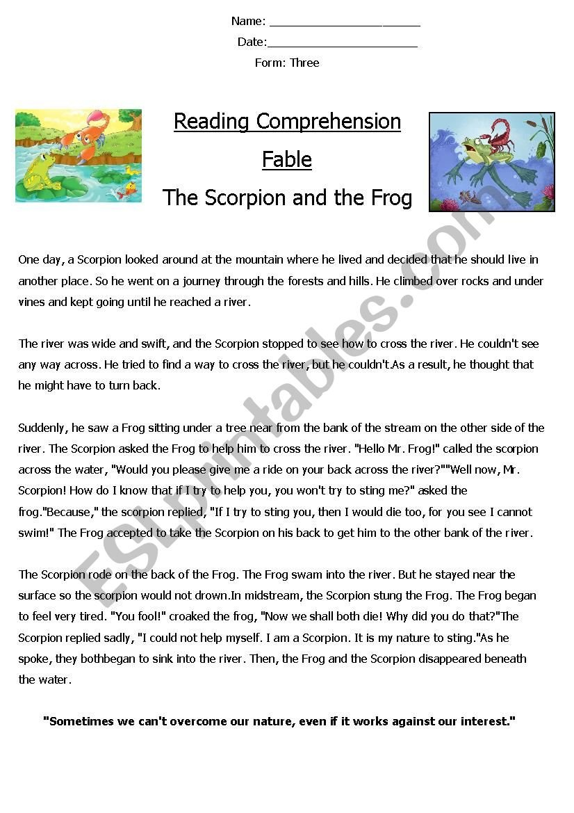Reading Comprehension ´fable´ The Scorpion And The Frog  Esl As Well As Frog Reading Comprehension Worksheets