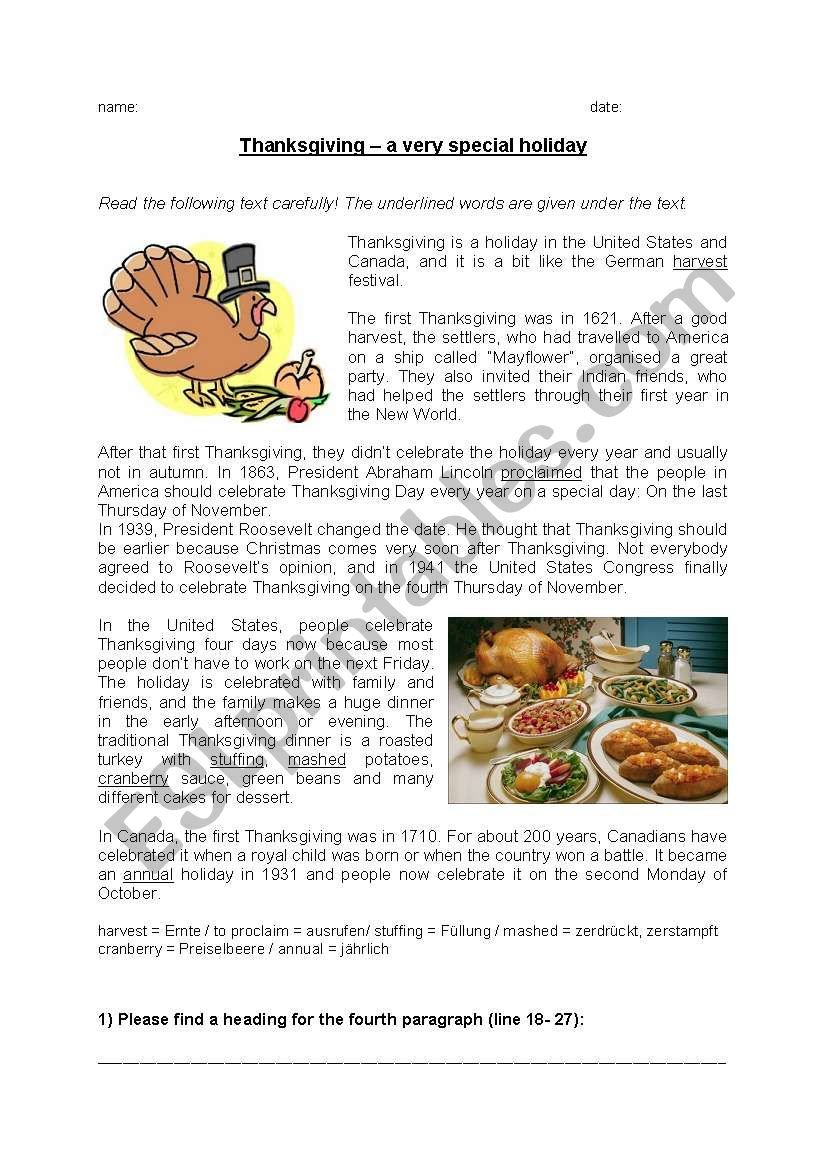 Reading Comprehension Thanksgiving  Esl Worksheetbytheseaside And History Of Thanksgiving Reading Comprehension Worksheets
