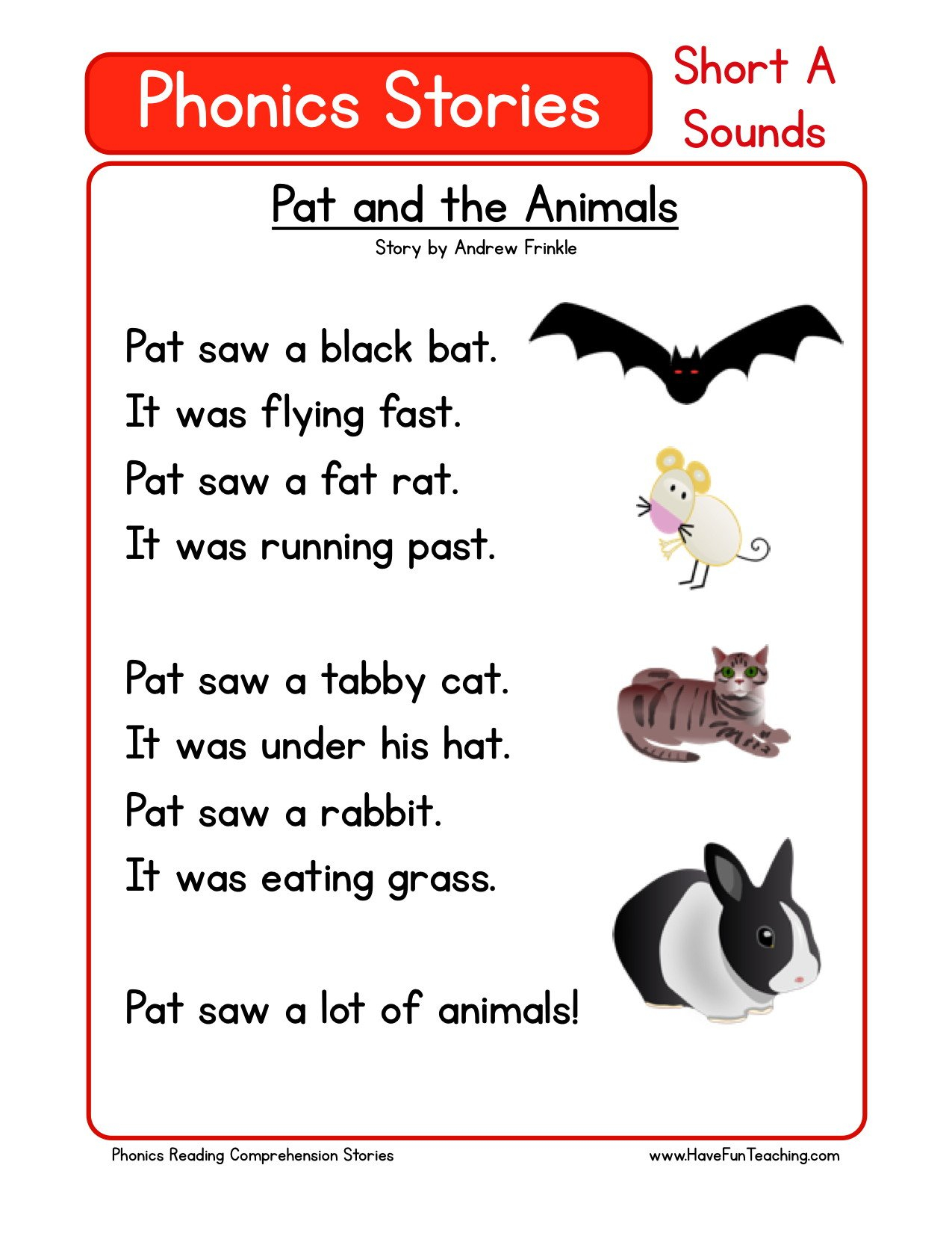 Reading Comprehension Worksheet  Pat And The Animals Intended For Pre K Reading Worksheets