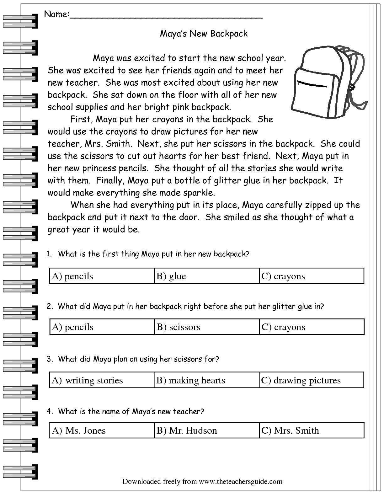 Reading Literature Comprehension Worksheets From The Teacher's Guide With Comprehensions Worksheets