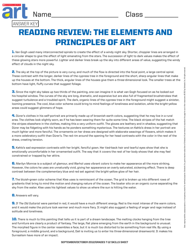 Reading Review The Elements And Principles Of Art Or Scholastic Art Worksheet Answers