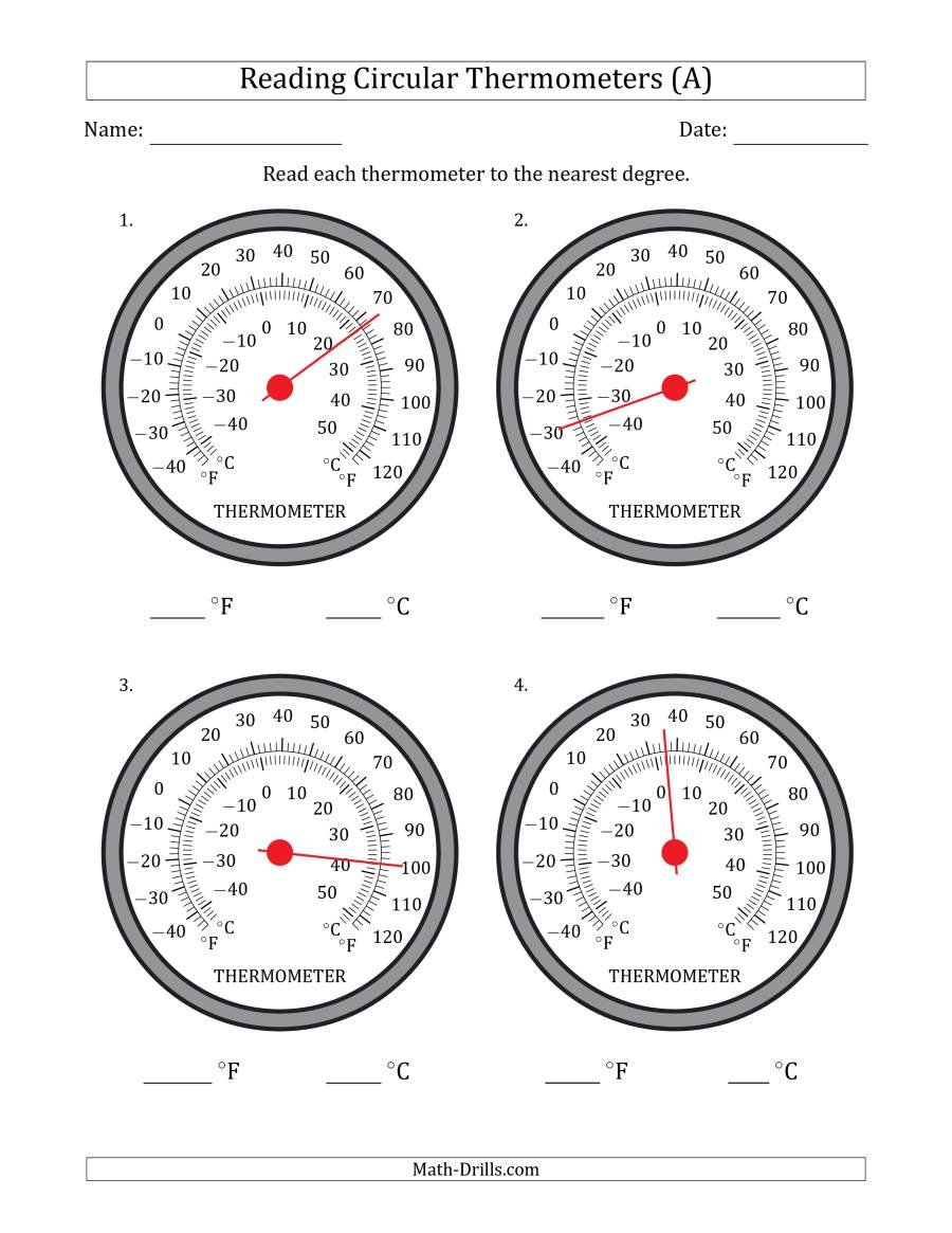 Reading Temperatures From Circular Thermometers Fahrenheit Dominant Also Reading A Thermometer Worksheet