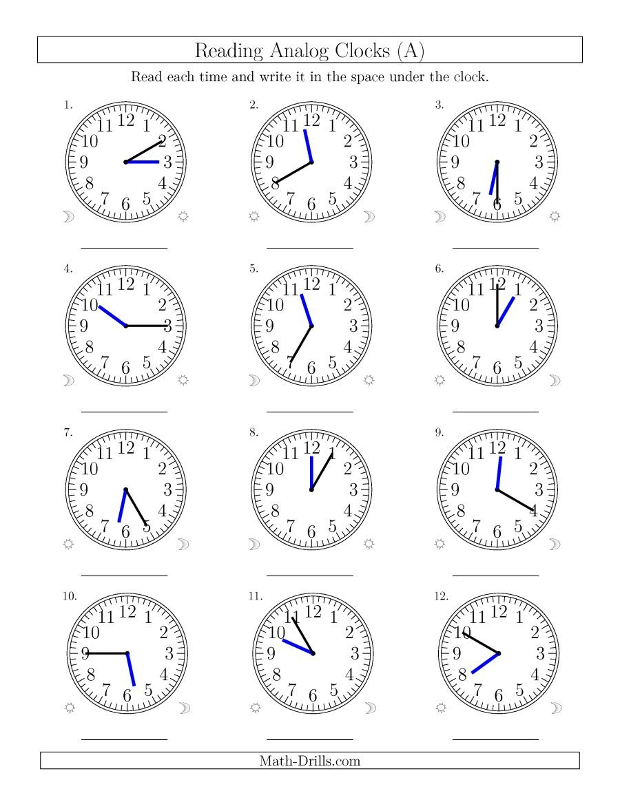 Reading Time On 12 Hour Analog Clocks In 5 Minute Intervals A With Regard To Reading Time Worksheets