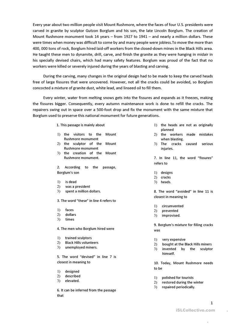 Reading With 10 Multiple Choice Questions Worksheet  Free Esl Regarding Reading Comprehension High School Worksheets Pdf