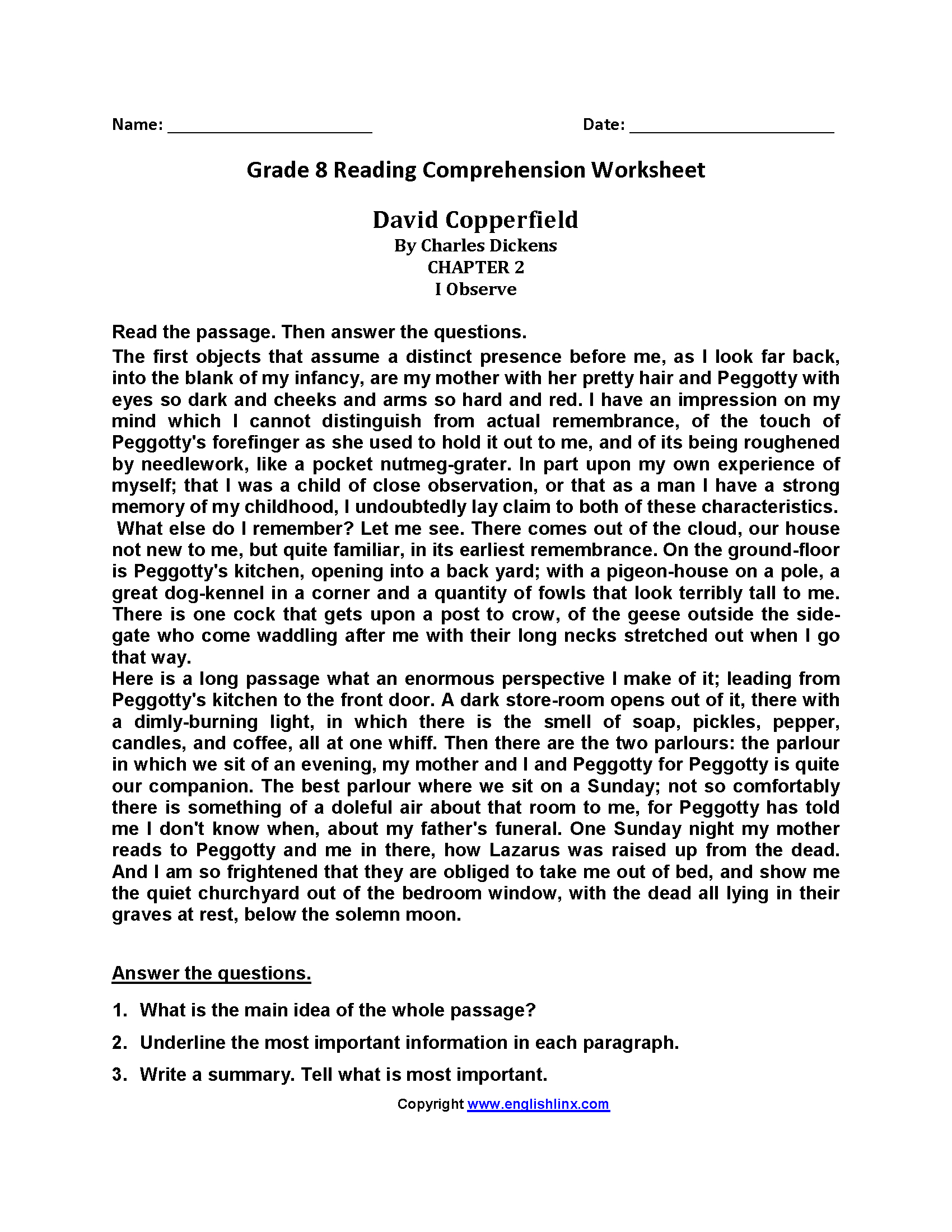 Reading Worksheets  Eighth Grade Reading Worksheets Or 8Th Grade Reading Comprehension Worksheets
