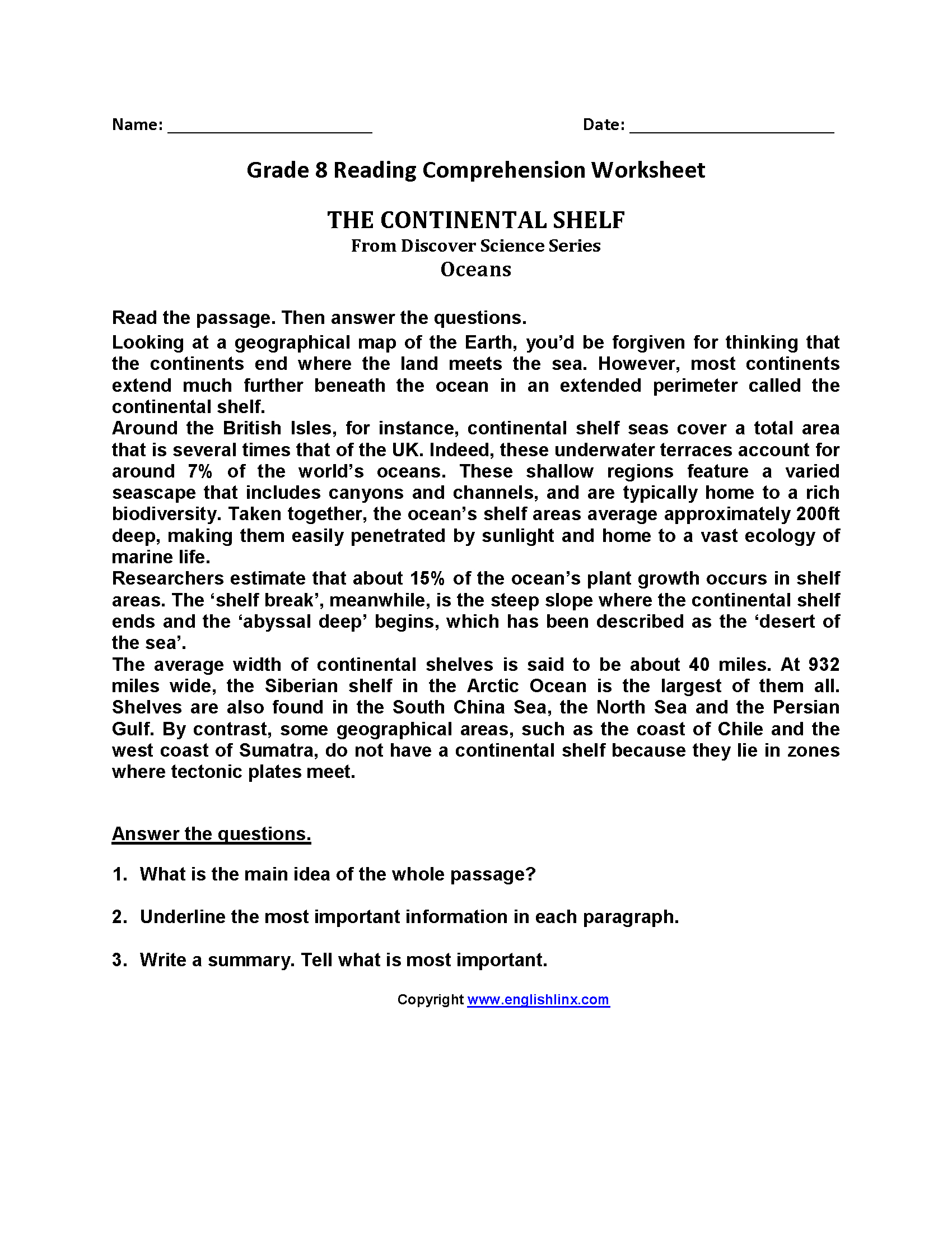 Reading Worksheets  Eighth Grade Reading Worksheets With 8Th Grade Reading Comprehension Worksheets