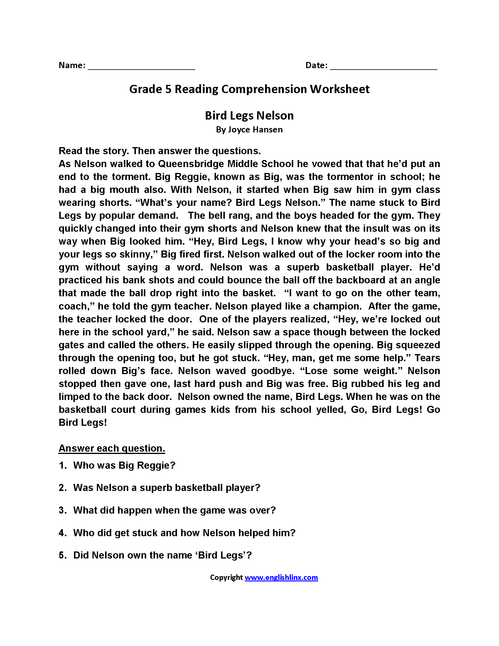 Reading Worksheets  Fifth Grade Reading Worksheets With Grade 5 Reading Comprehension Worksheets Pdf