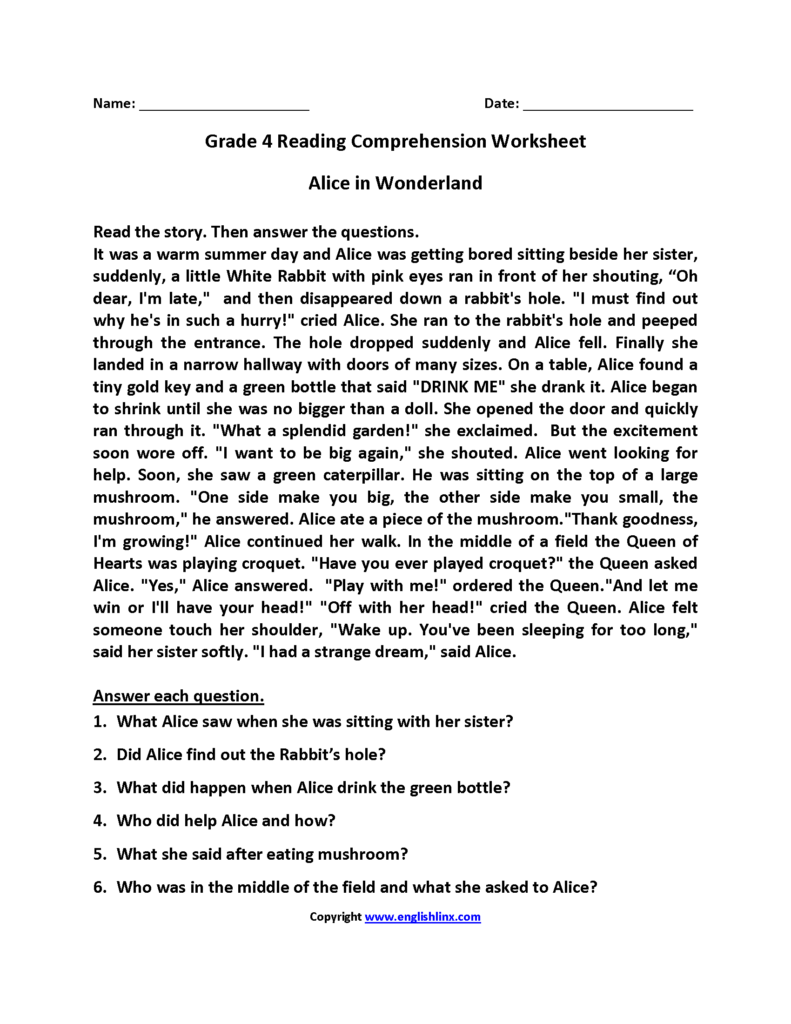 4Th Grade Reading Comprehension Worksheets Pdf ...