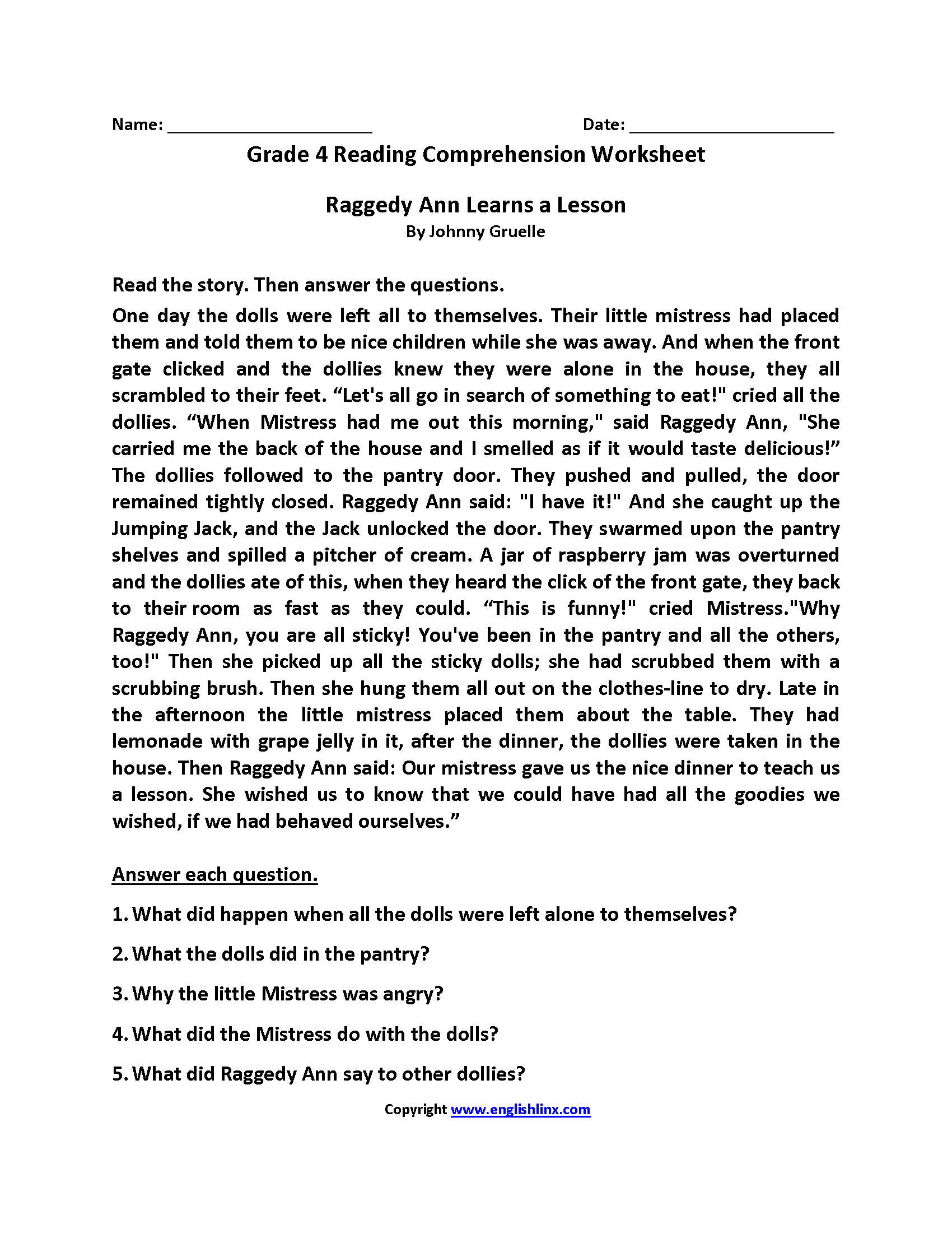 Reading Worksheets  Fourth Grade Reading Worksheets In Reading Comprehension Worksheets 4Th Grade
