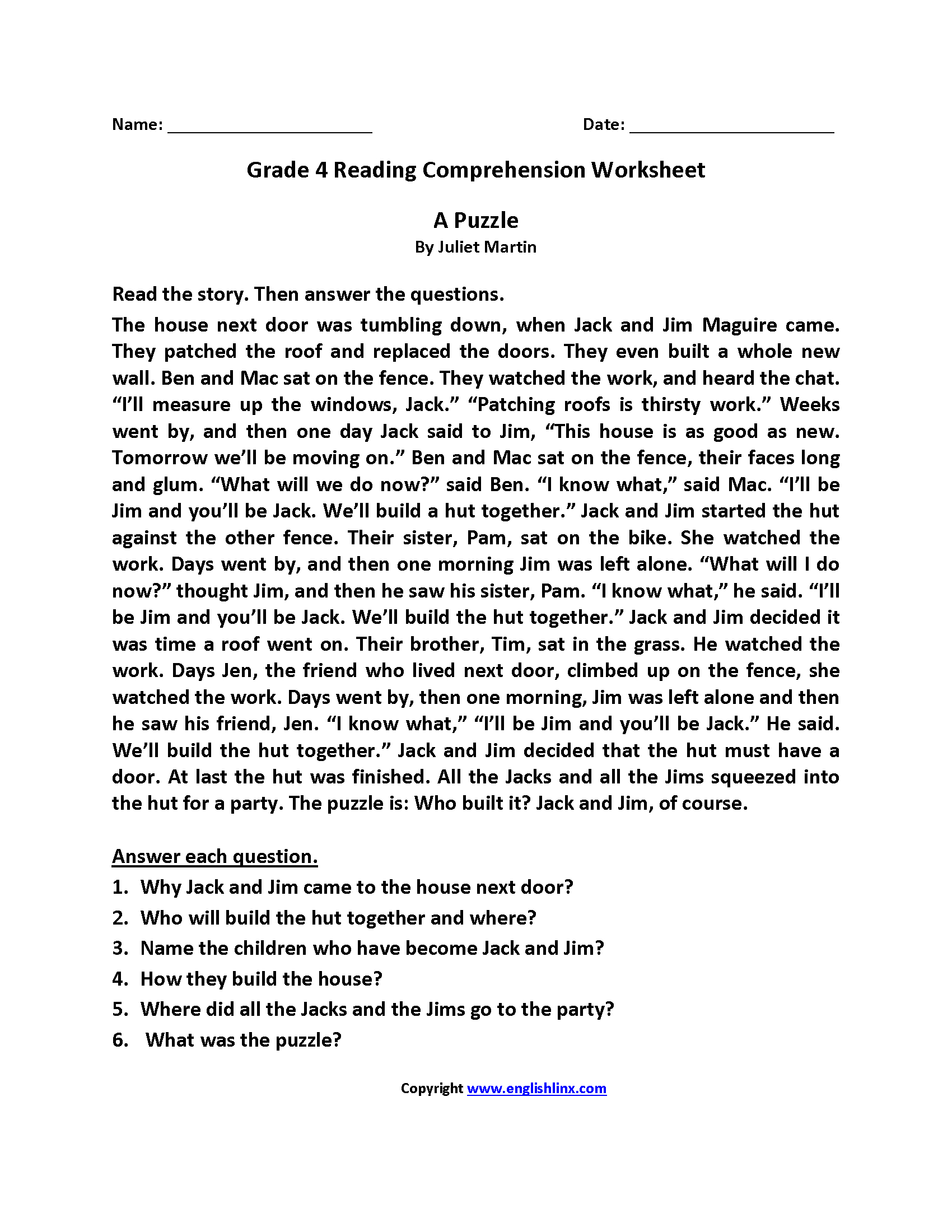 Reading Worksheets  Fourth Grade Reading Worksheets Throughout Comprehension Worksheets For Grade 4