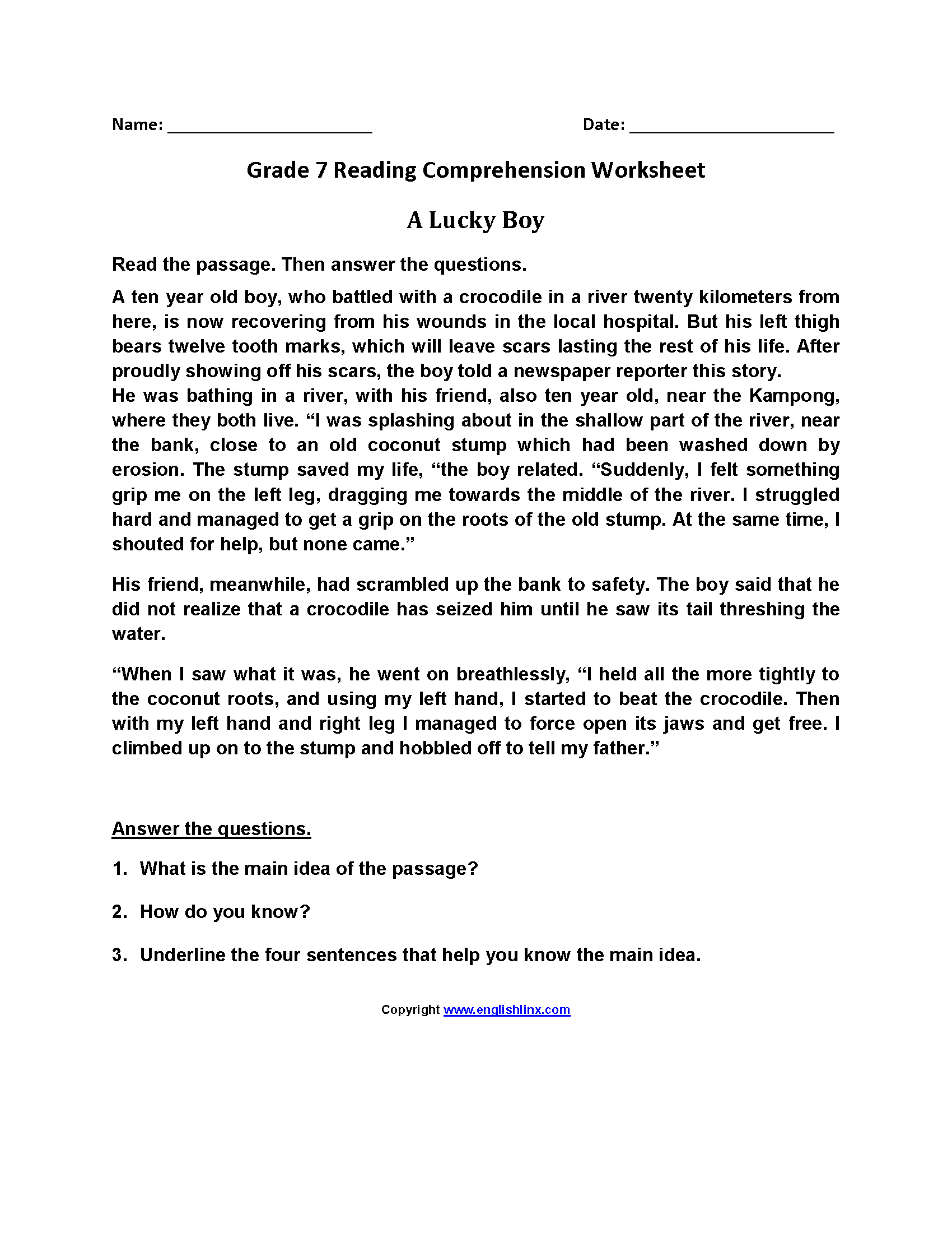 Reading Worksheets  Seventh Grade Reading Worksheets For 7Th Grade Reading Comprehension Worksheets Pdf