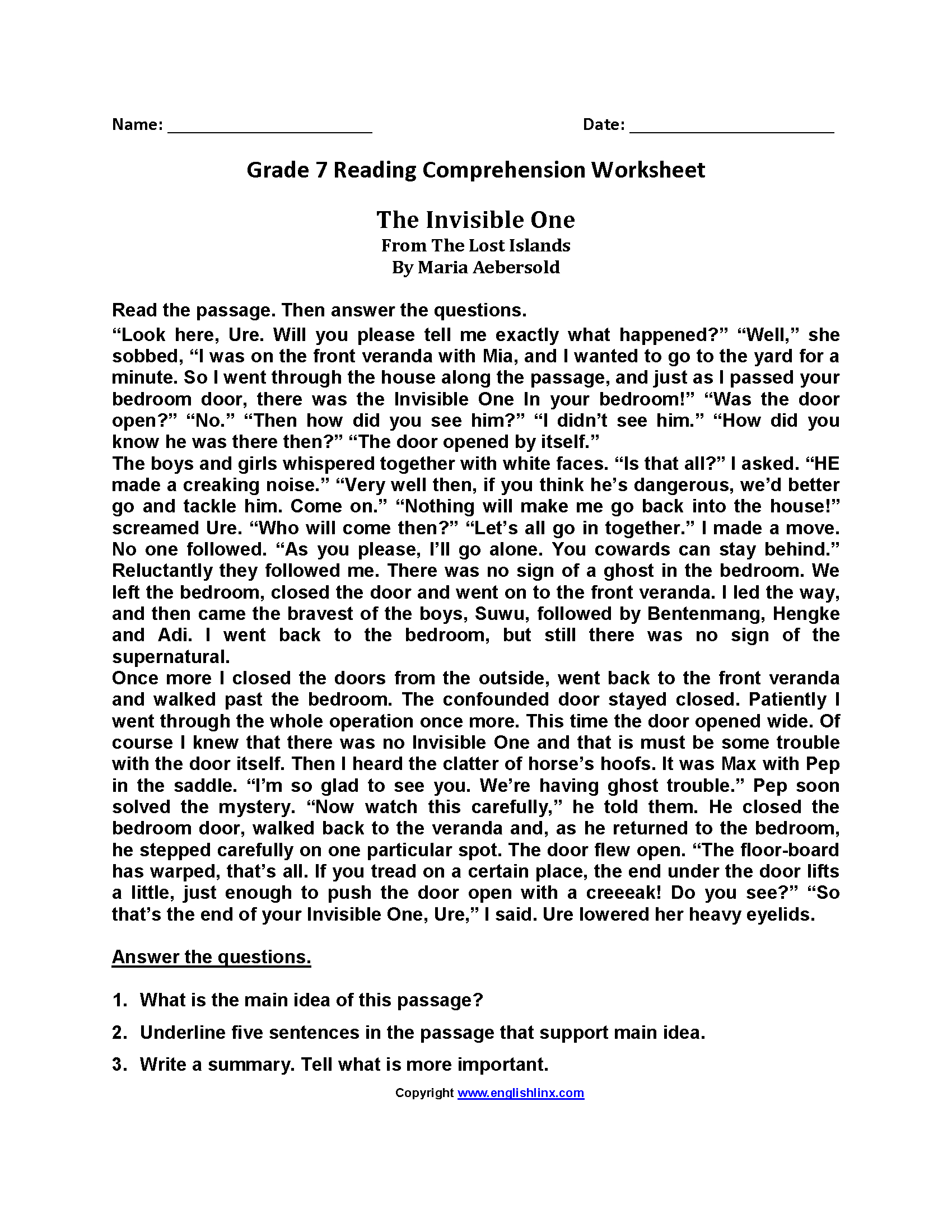 Reading Worksheets  Seventh Grade Reading Worksheets Or Seventh Grade English Worksheets
