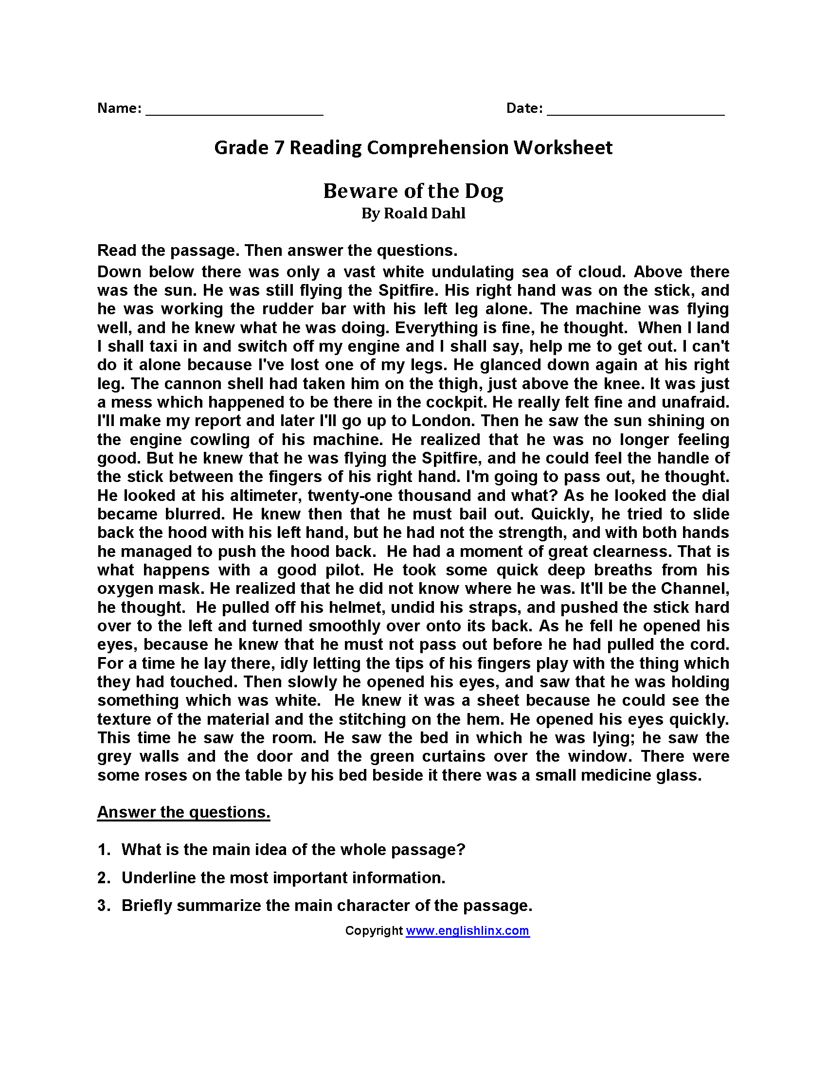 Reading Worksheets  Seventh Grade Reading Worksheets Regarding 7Th Grade Reading Comprehension Worksheets Pdf