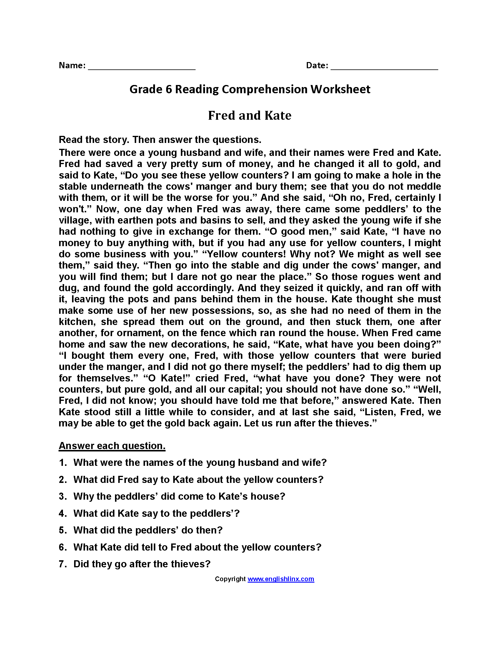 Reading Worksheets  Sixth Grade Reading Worksheets Also 6Th Grade Reading Comprehension Worksheets
