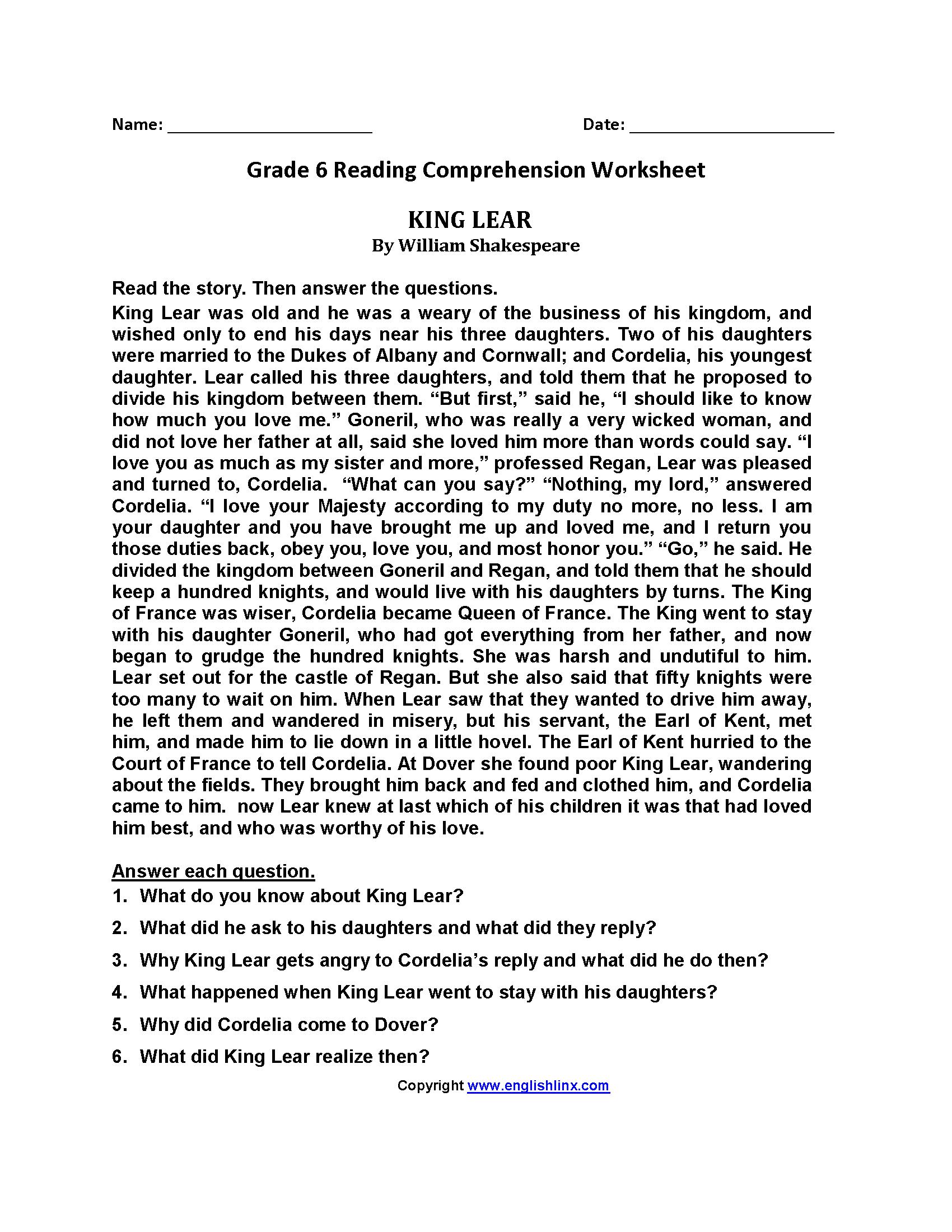 Reading Worksheets  Sixth Grade Reading Worksheets And Year 6 Reading Comprehension Worksheets
