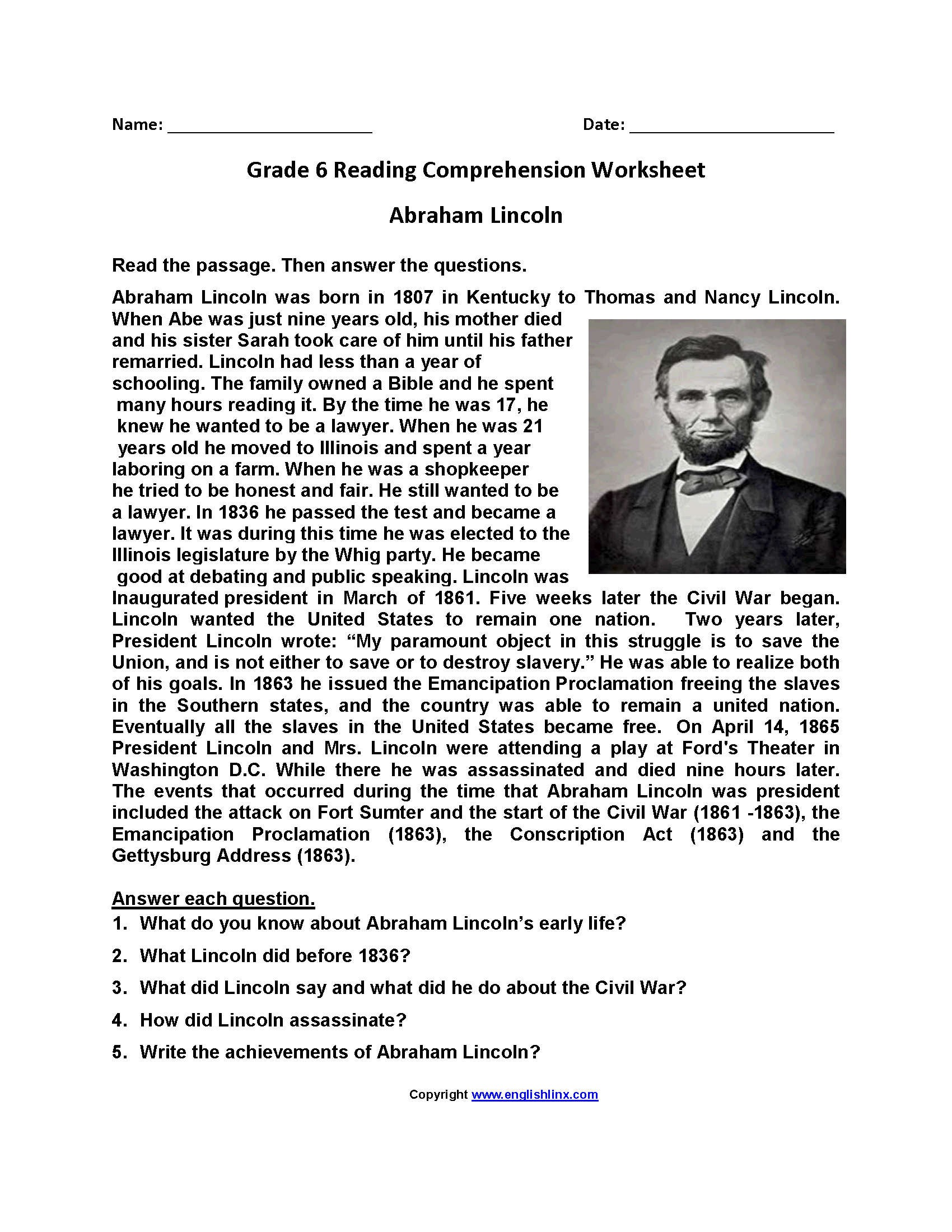 Reading Worksheets  Sixth Grade Reading Worksheets For Printable 6Th Grade Reading Worksheets