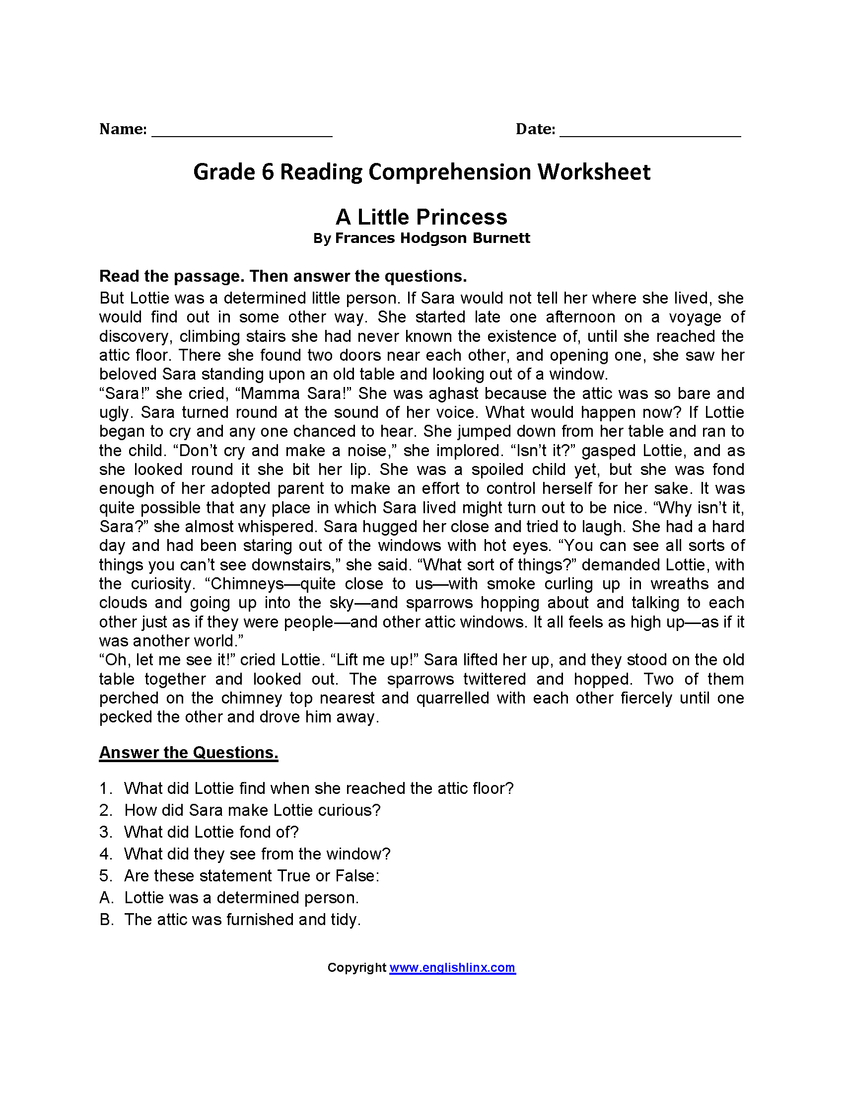 Reading Worksheets  Sixth Grade Reading Worksheets In Year 6 Reading Comprehension Worksheets