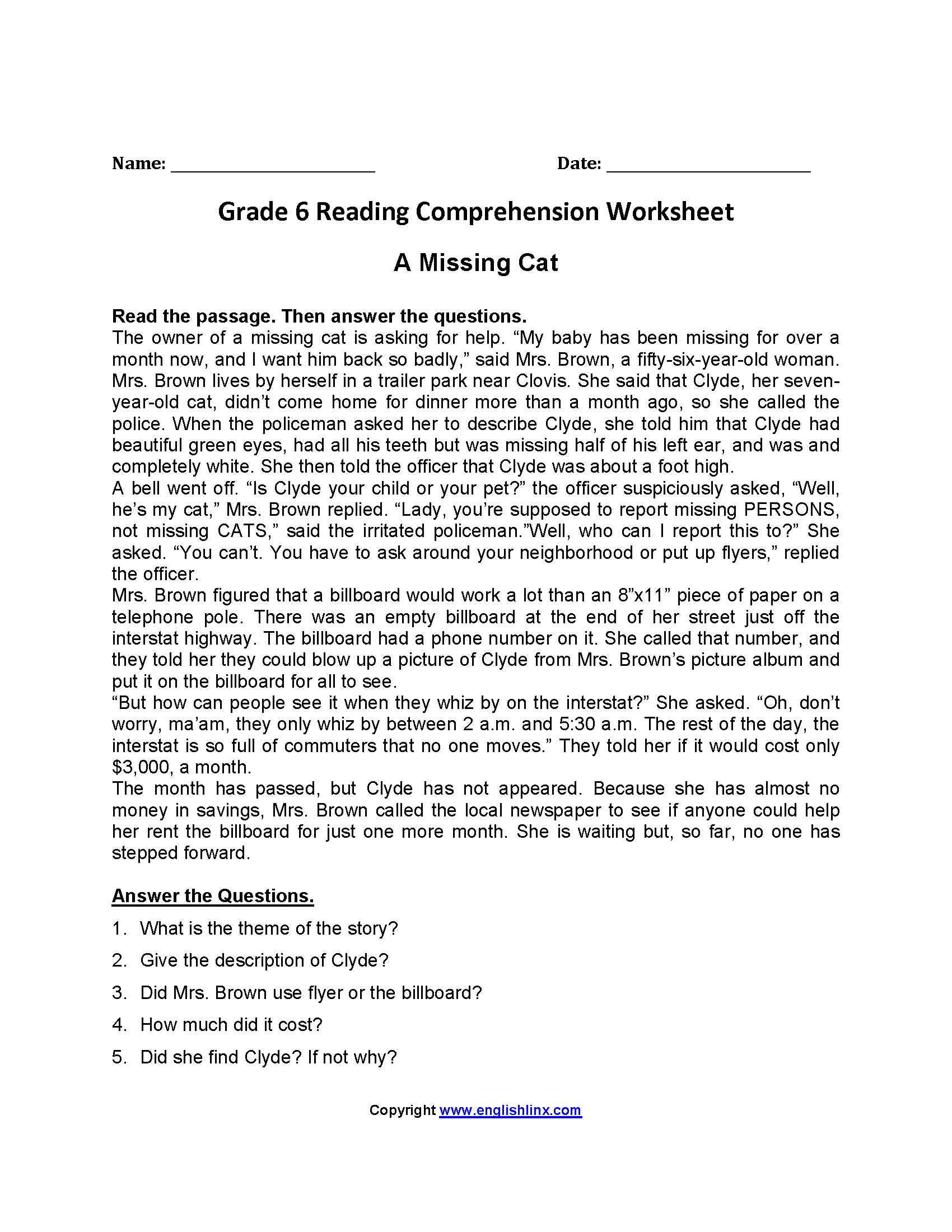 Reading Worksheets  Sixth Grade Reading Worksheets Inside Printable 6Th Grade Reading Worksheets