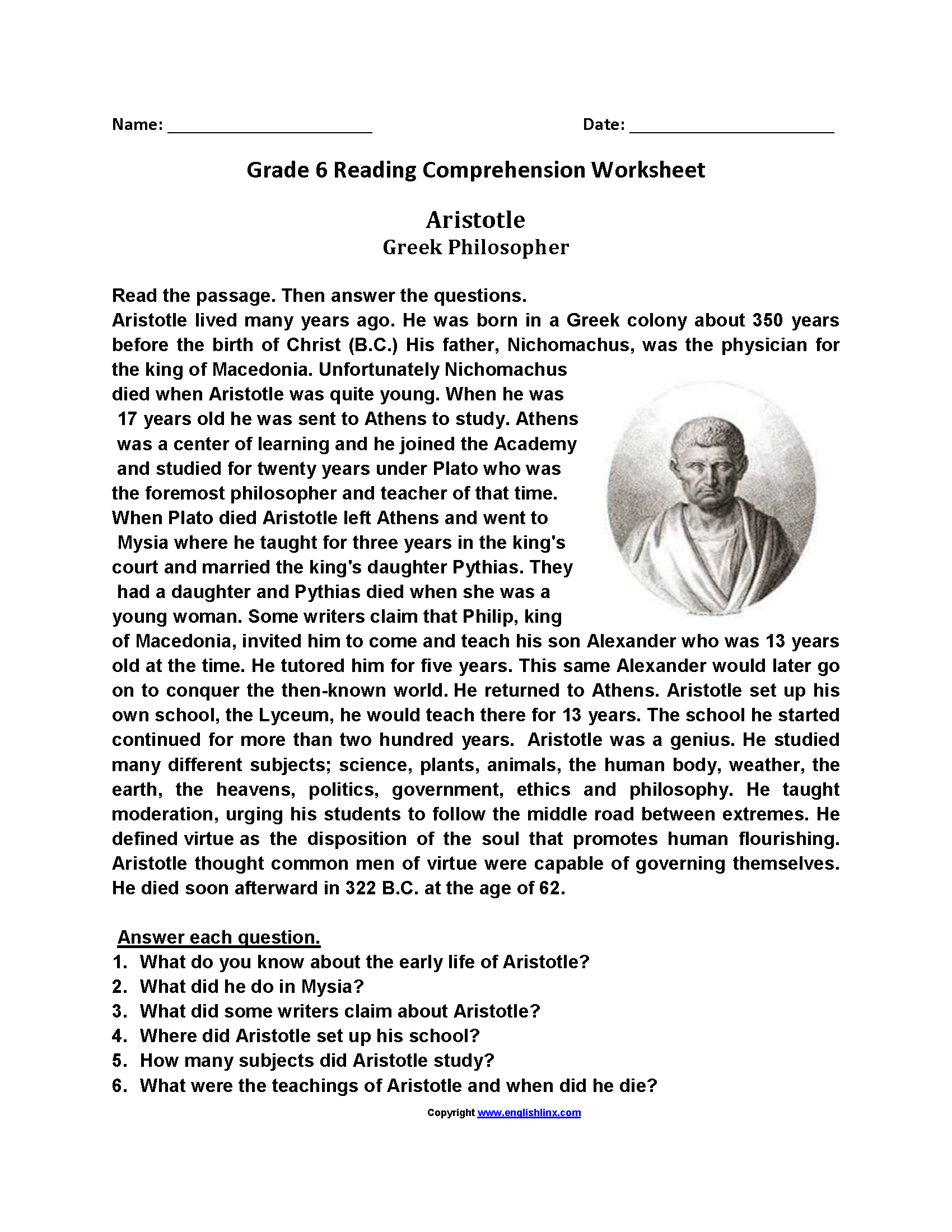 Reading Worksheets  Sixth Grade Reading Worksheets Intended For Year 6 Reading Comprehension Worksheets