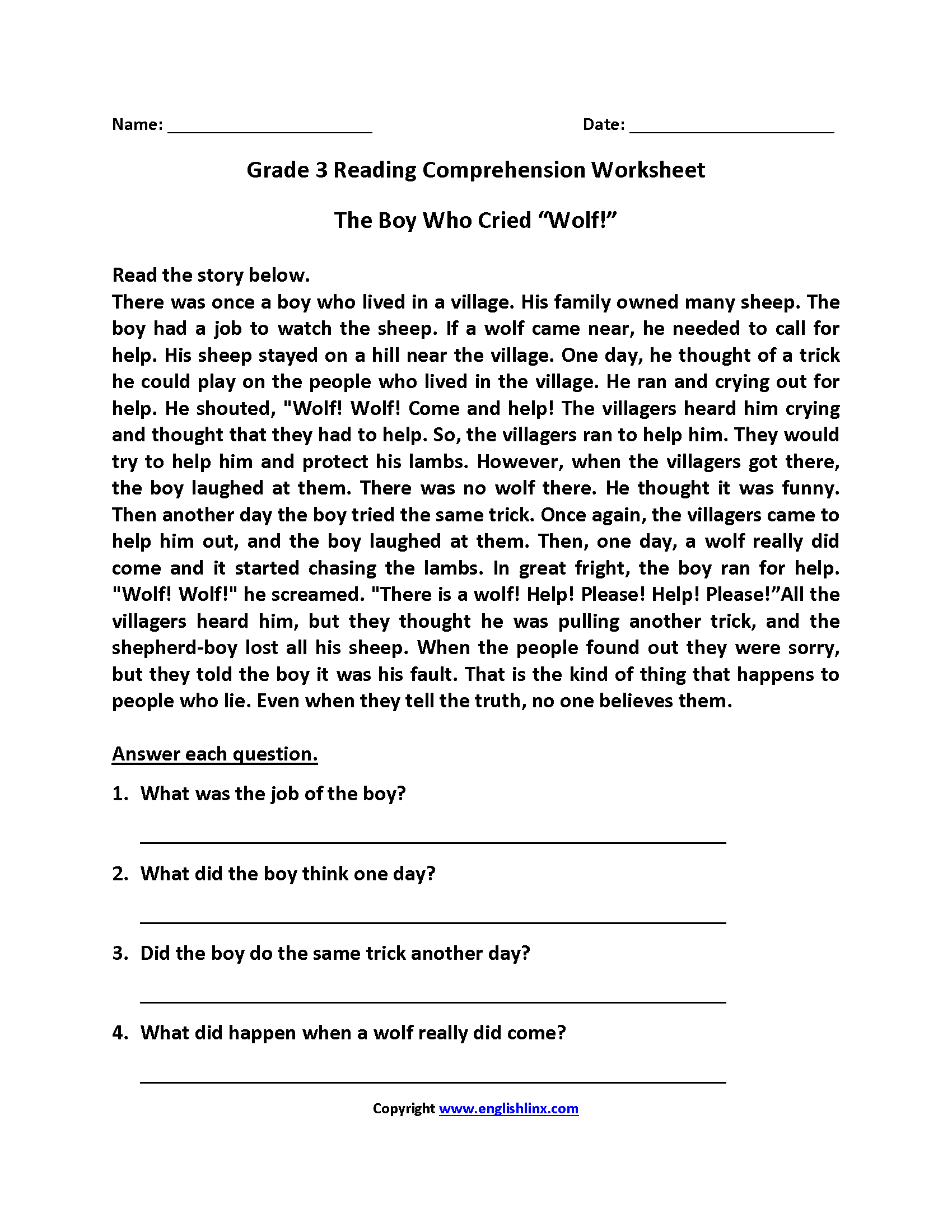 Reading Worksheets  Third Grade Reading Worksheets Intended For Grade 3 Reading Comprehension Worksheets Pdf