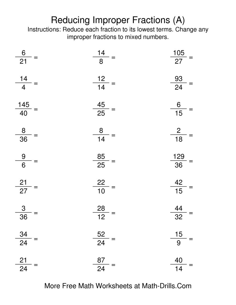 Reducing Improper Fractions To Lowest Terms A Together With Reducing Fractions To Lowest Terms Worksheets