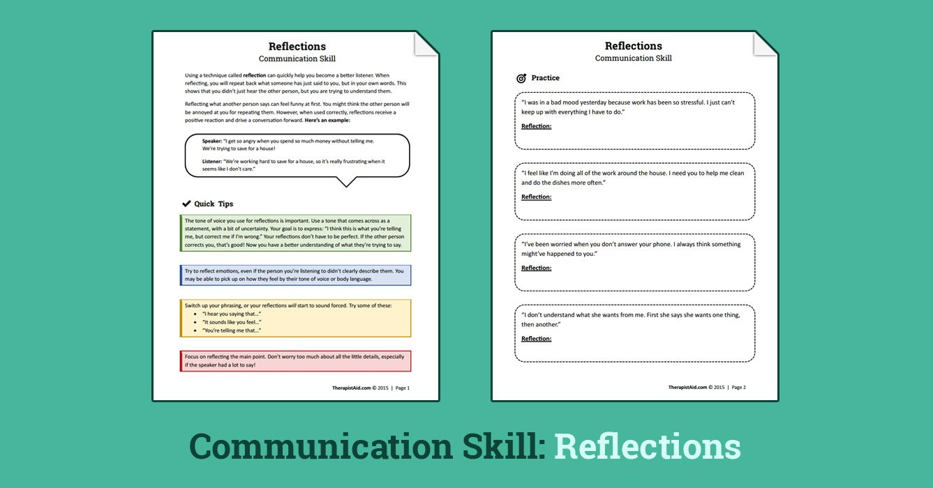 Reflections Communication Skill Worksheet  Therapist Aid As Well As Basic Conversation Skills Worksheets