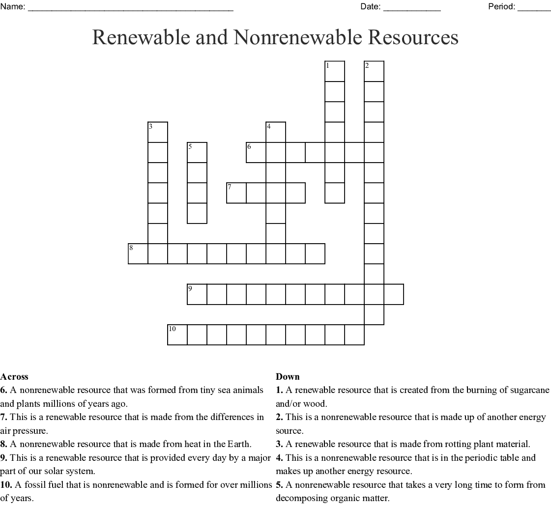 Renewable And Nonrenewable Resources Crossword  Wordmint Within Renewable And Nonrenewable Resources Worksheet