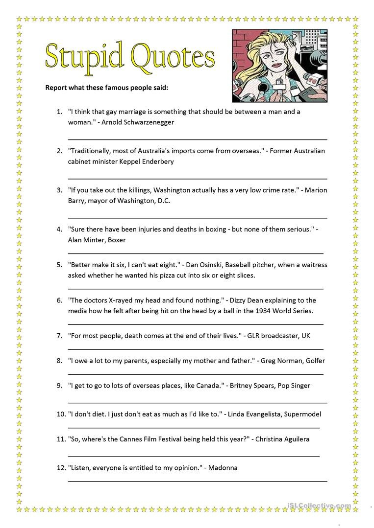 Reporting Stupid Quotes Worksheet  Free Esl Printable Worksheets Together With Embedding Quotations Correcting The Errors Worksheet Answers