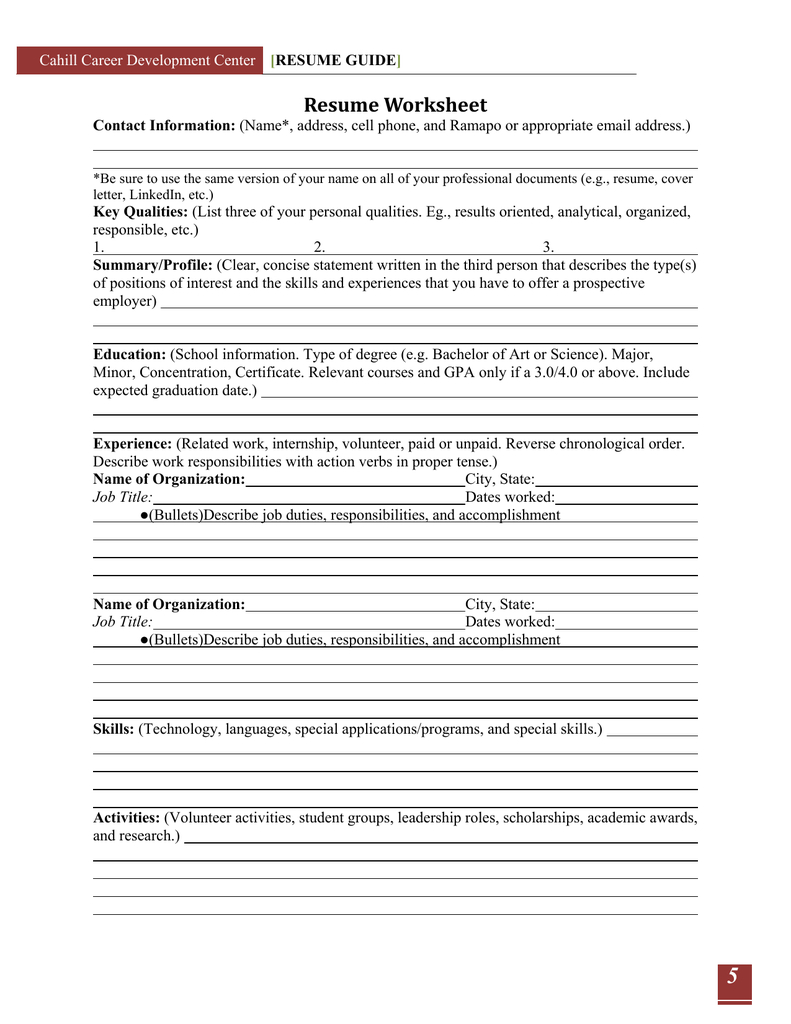 Resume Worksheet Cahill Career Development Center As Well As Resume Starter Worksheet