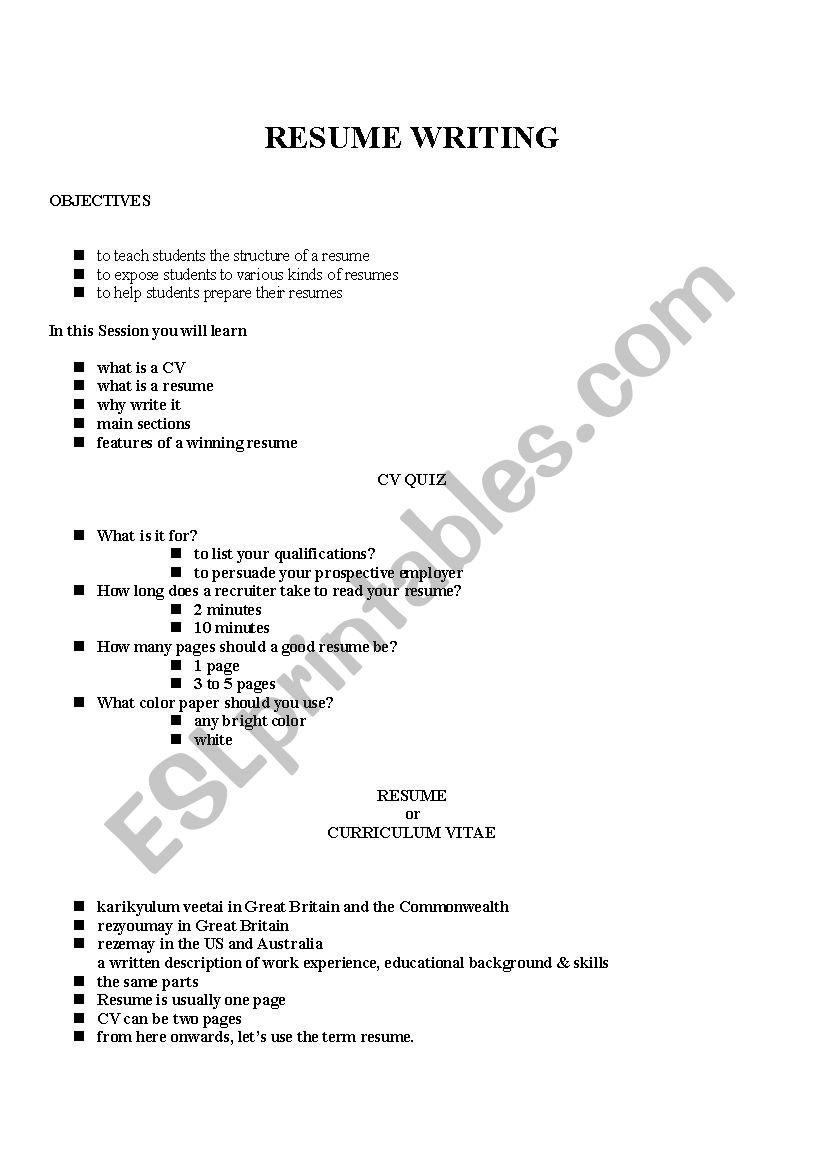Resume Writing  Esl Worksheetvenkibiotech Along With Resume Preparation Worksheet