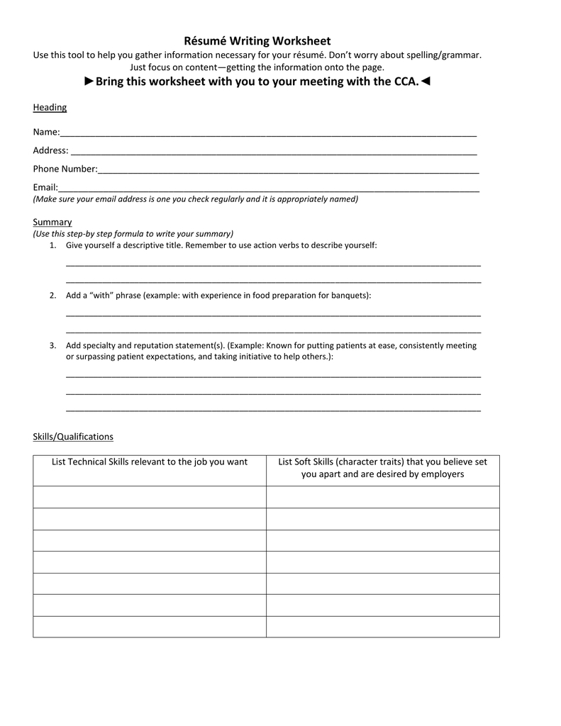 Résumé Writing Worksheet Or Resume Preparation Worksheet