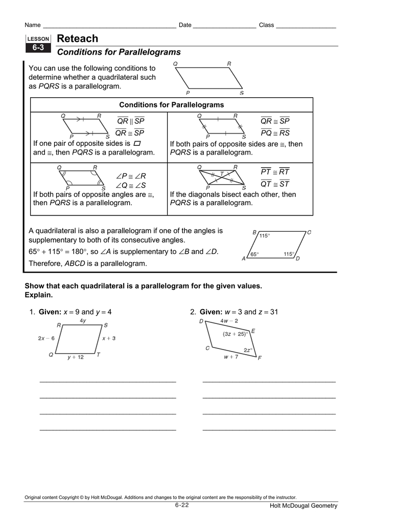 Reteach 63 Intended For Conditions For Parallelograms Worksheet