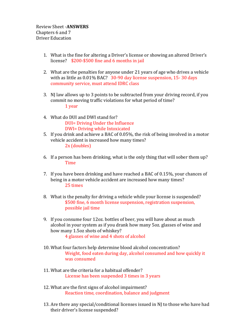 Review Sheet Answers Chapters 6 And 7 Driver Education What In Drivers Ed Chapter 4 Worksheet Answers