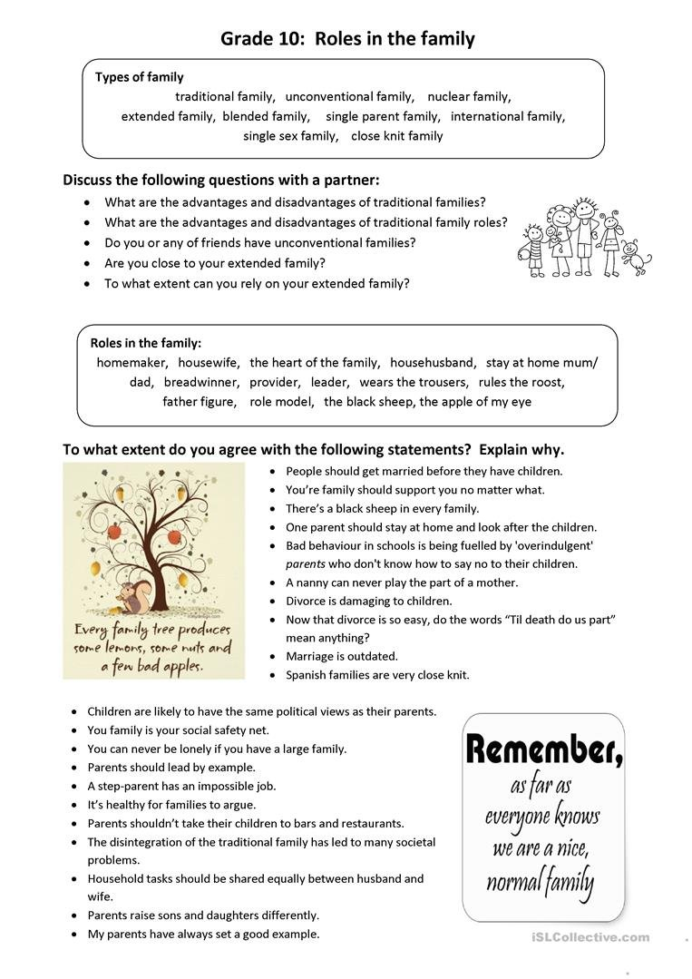 Roles In The Family Idioms And Conversation Worksheet  Free Esl Also Family Roles Worksheet