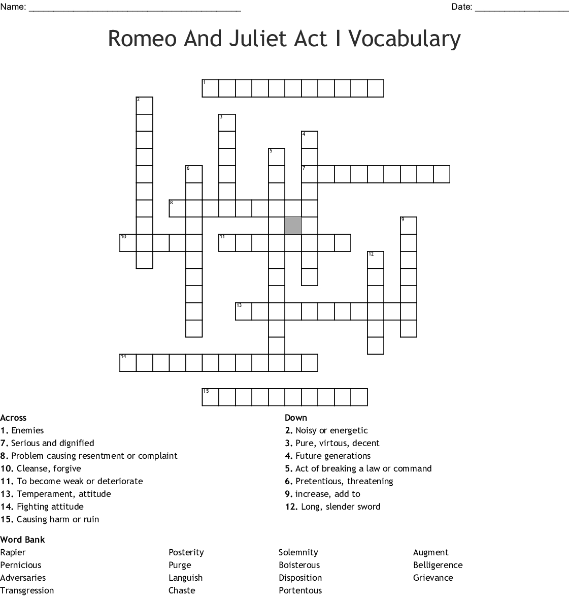 Romeo And Juliet Act I Vocabulary Crossword  Wordmint Or Romeo And Juliet Act 1 Vocabulary Worksheet Answers