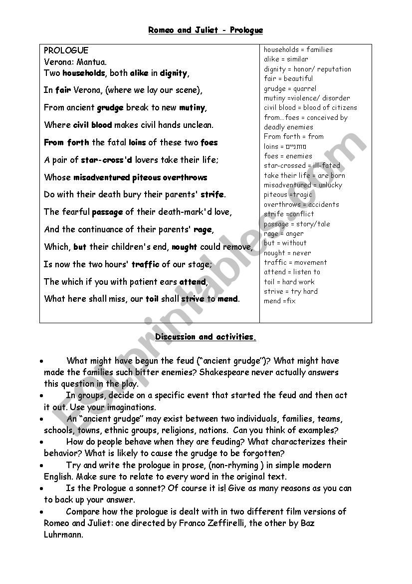 Romeo And Juliet Prologue Worksheet  Esl Worksheet Intended For Romeo And Juliet Prologue Worksheet