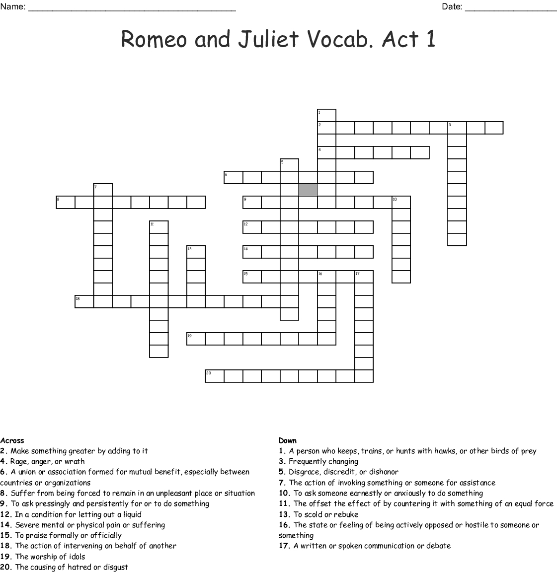 Romeo And Juliet Vocab Act 1 Crossword  Wordmint As Well As Romeo And Juliet Act 1 Vocabulary Worksheet Answers