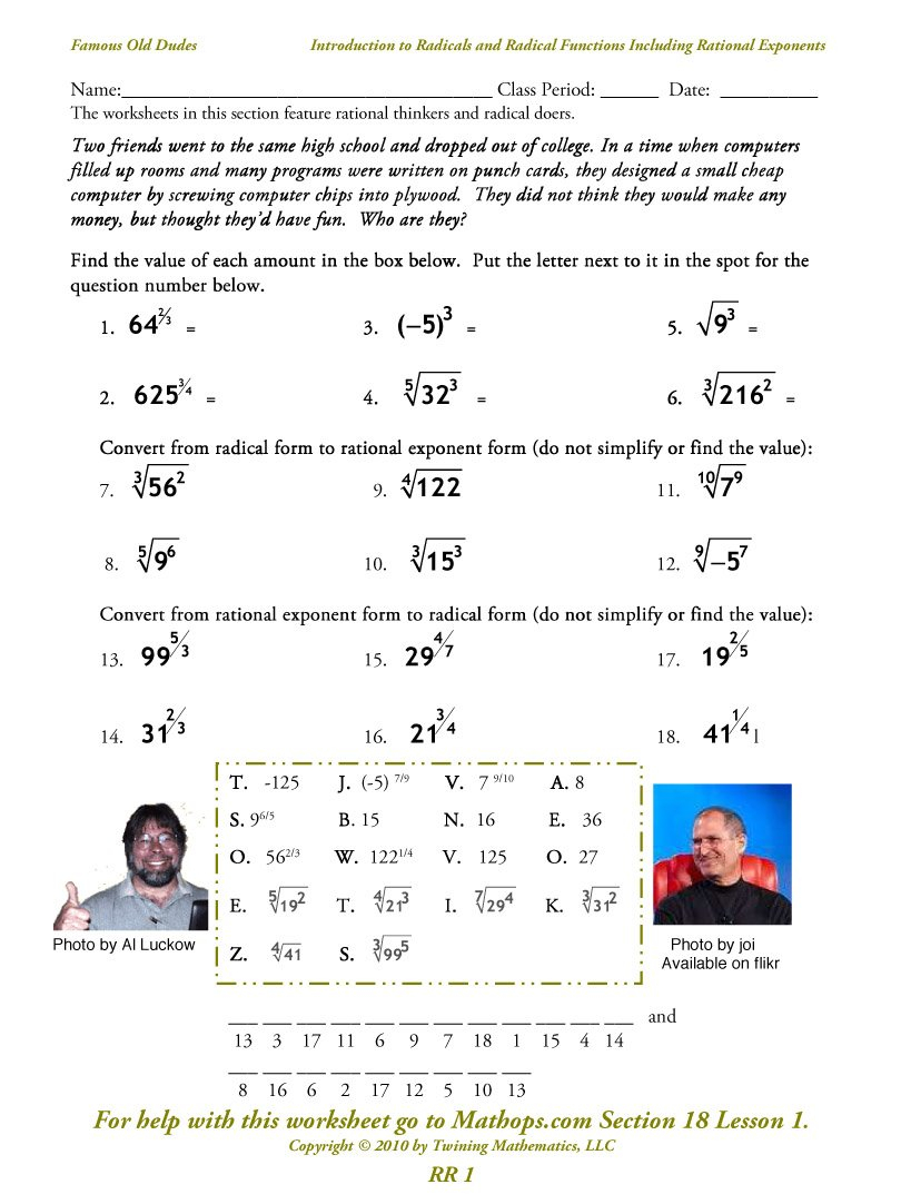 Rr 1 Introduction To Radicals And Radical Functions Including Together With Exponents And Radicals Worksheet