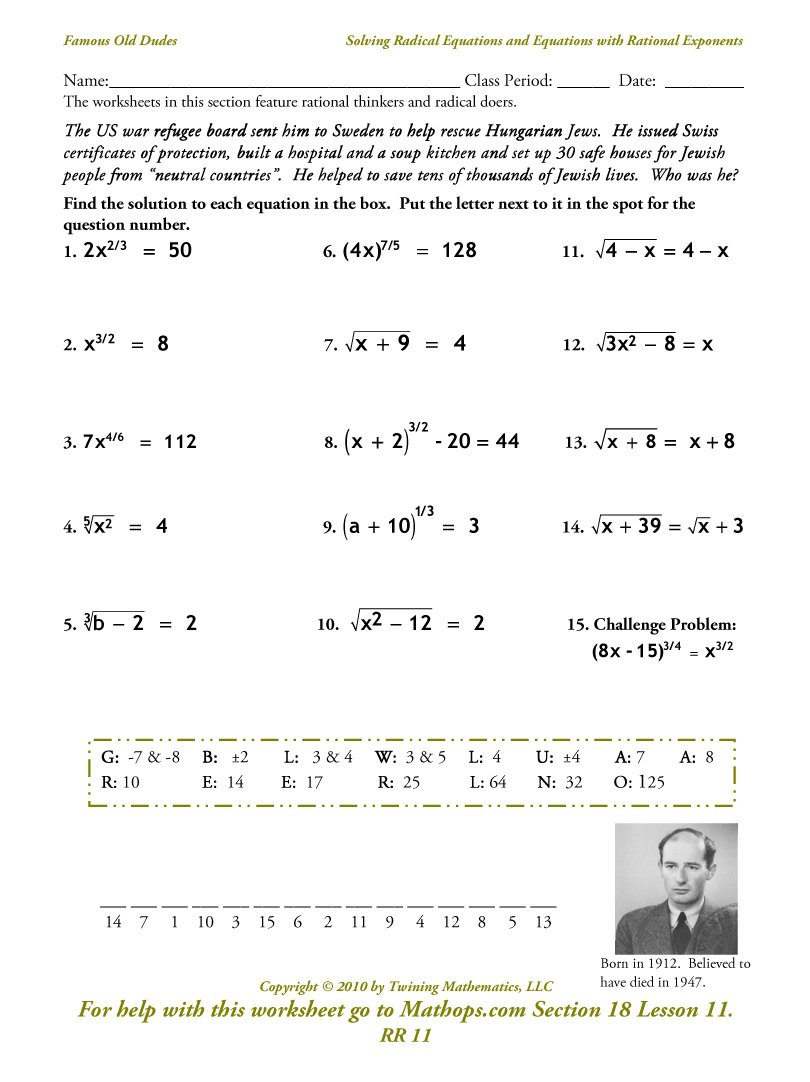 Rr 11 Solving Radical Equations And Equations With Rational Inside Exponents And Radicals Worksheet