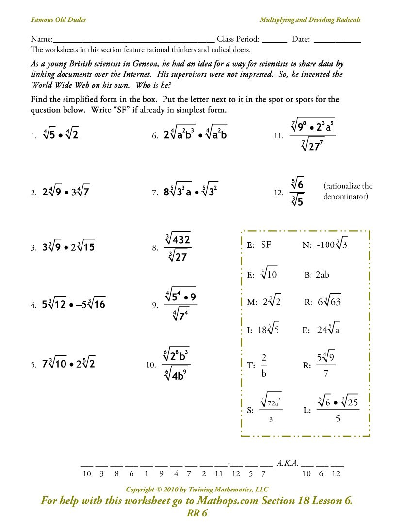 Rr 6 Multiplying And Dividing Radicals  Mathops Pertaining To Exponents And Radicals Worksheet